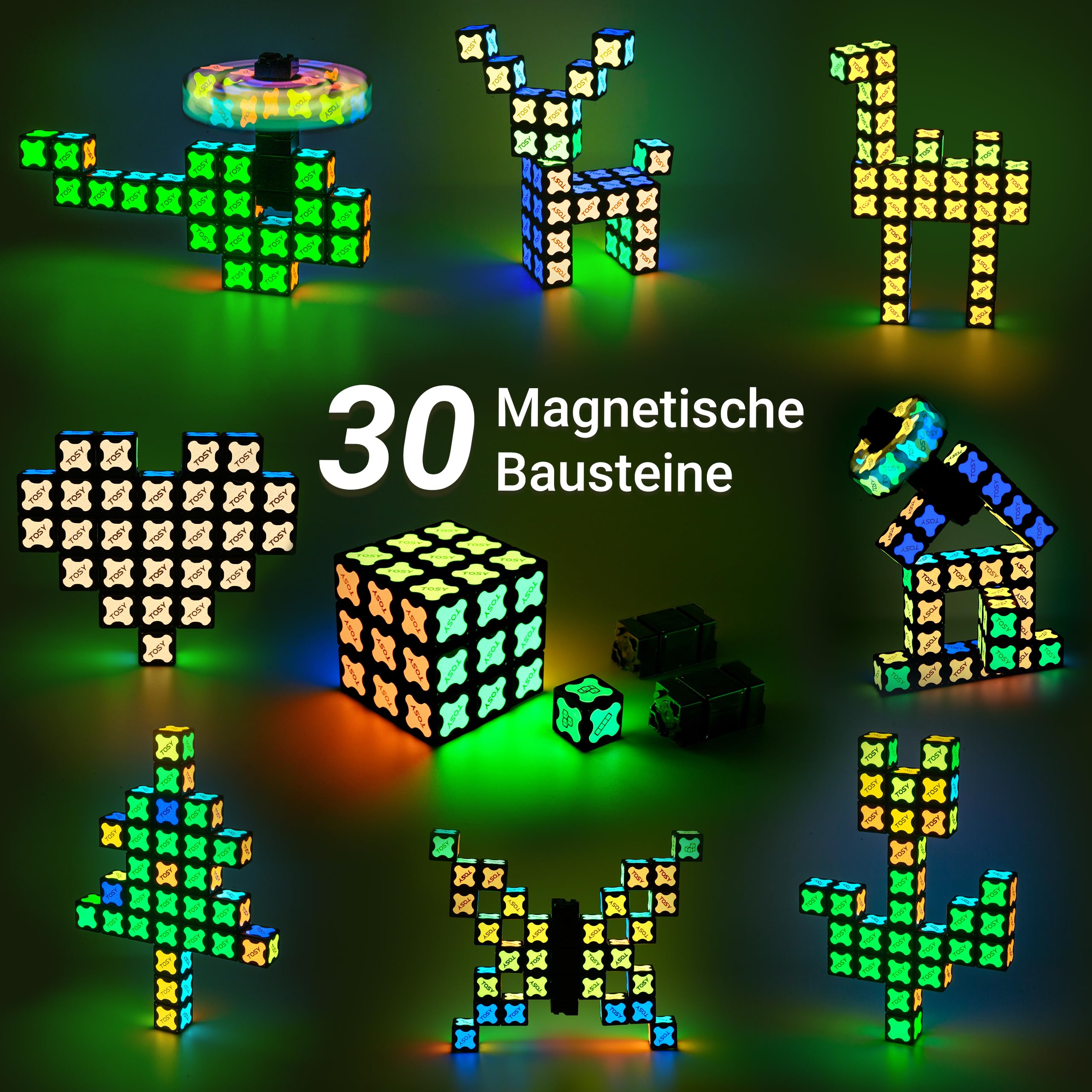 TOSY Magnet Cube 3x3 – 240 Magnete, 30 Bausteine, 7-in-1: Puzzlewürfel, kreative Bausteine, verwandelbarer Fidget-Spinner, Infinity-Würfel, UV-Taschenlampe, leuchtendes STEM/STEAM-Spielzeug