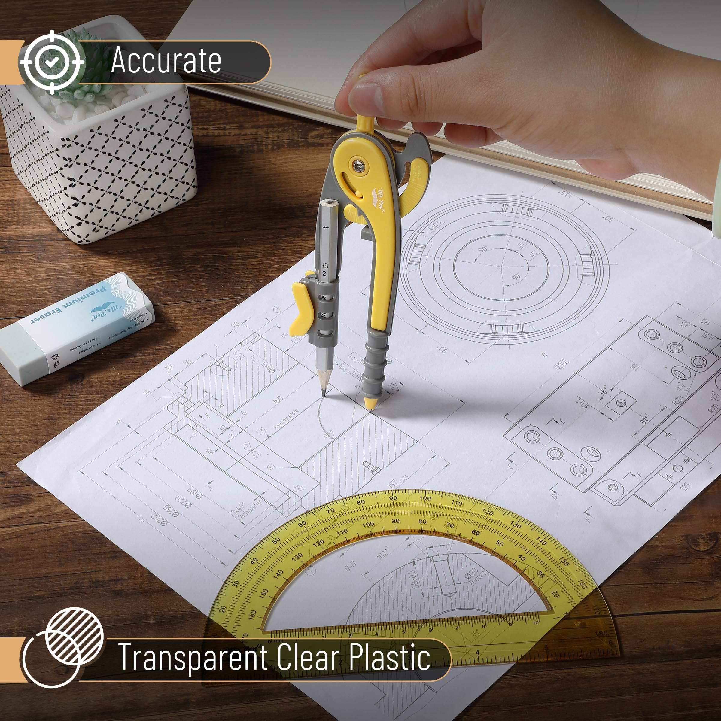 Mr. Pen- Compass and Protractor Set, Yellow, Compass Geometry Tool, Protractor and Compass Set, Compass Drawing Tool - Image 4