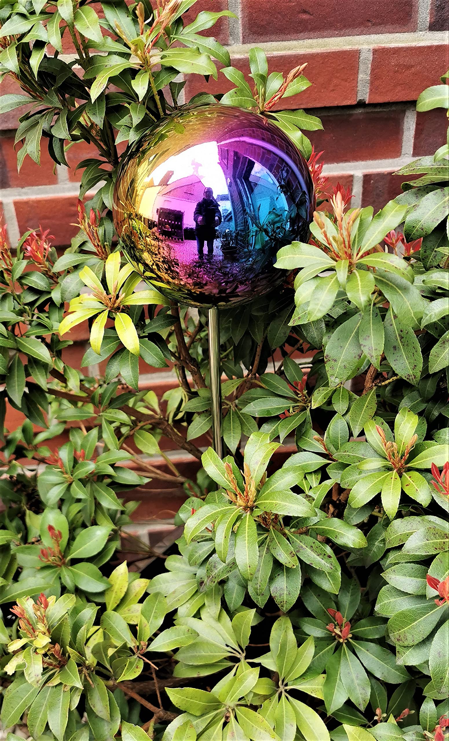 Gartenstecker Rosenkugel 10 cm mit Stab 80 cm aus Edelstahl Rainbow poliert