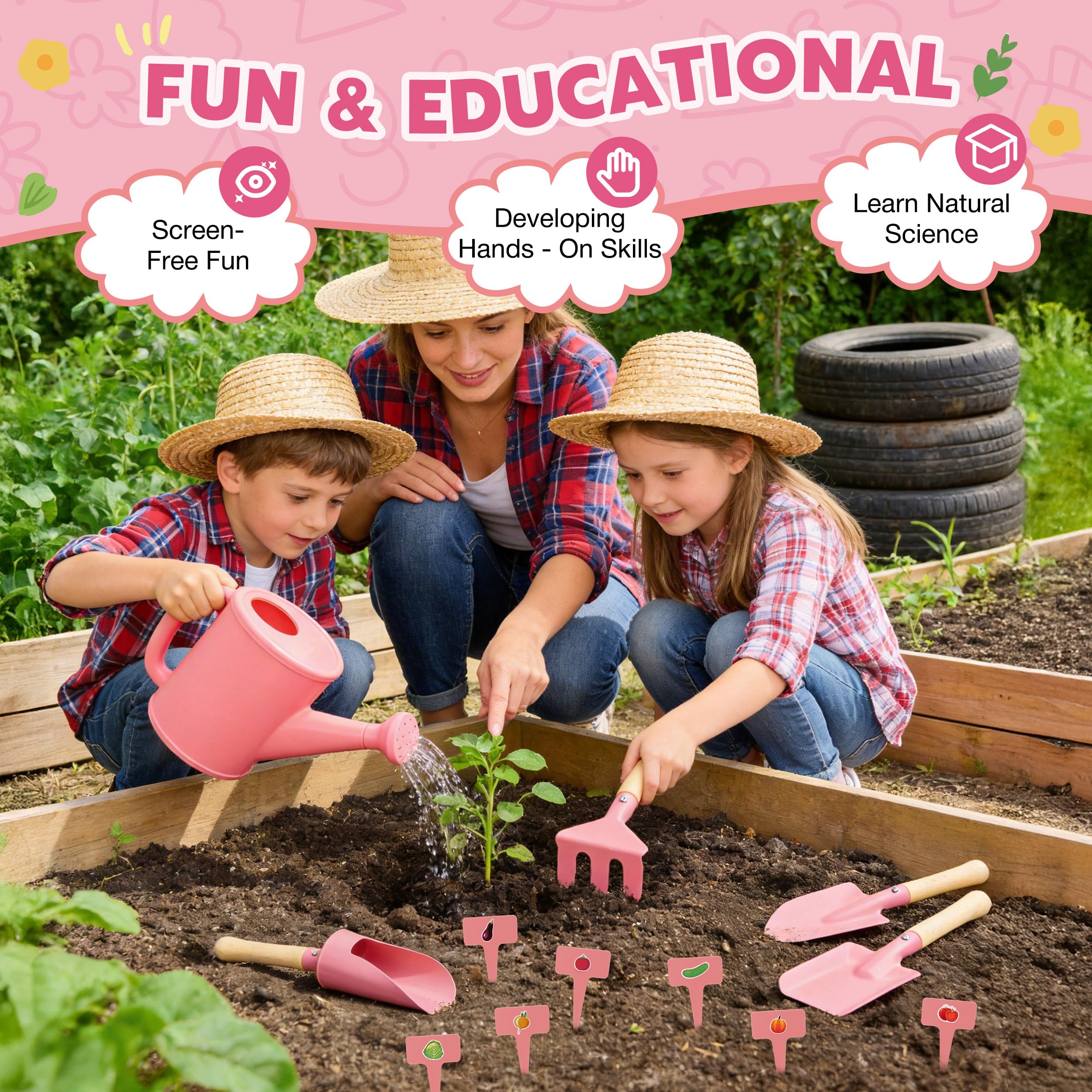 Shall Set da Giardinaggio per Bambini, 22 Pezzi, con Borsa per Il Trasporto e Vari Attrezzi da Giardinaggio. Ideale per Bambine Come Gioco all'aperto e Regalo Perfetto.