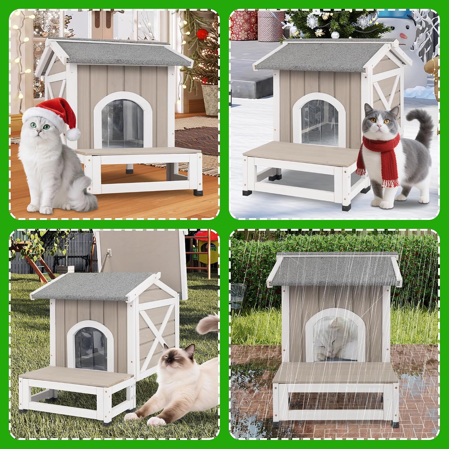 Gowoodhut Insulated Outdoor Cat House Weatherproof Feral Cat Shelter for Winter Outside Cat Houses for 1-2 Cats Indoor Pets Condo with Waterproof Roof & Escape Door, 6.3" Raised Base & Balcony
