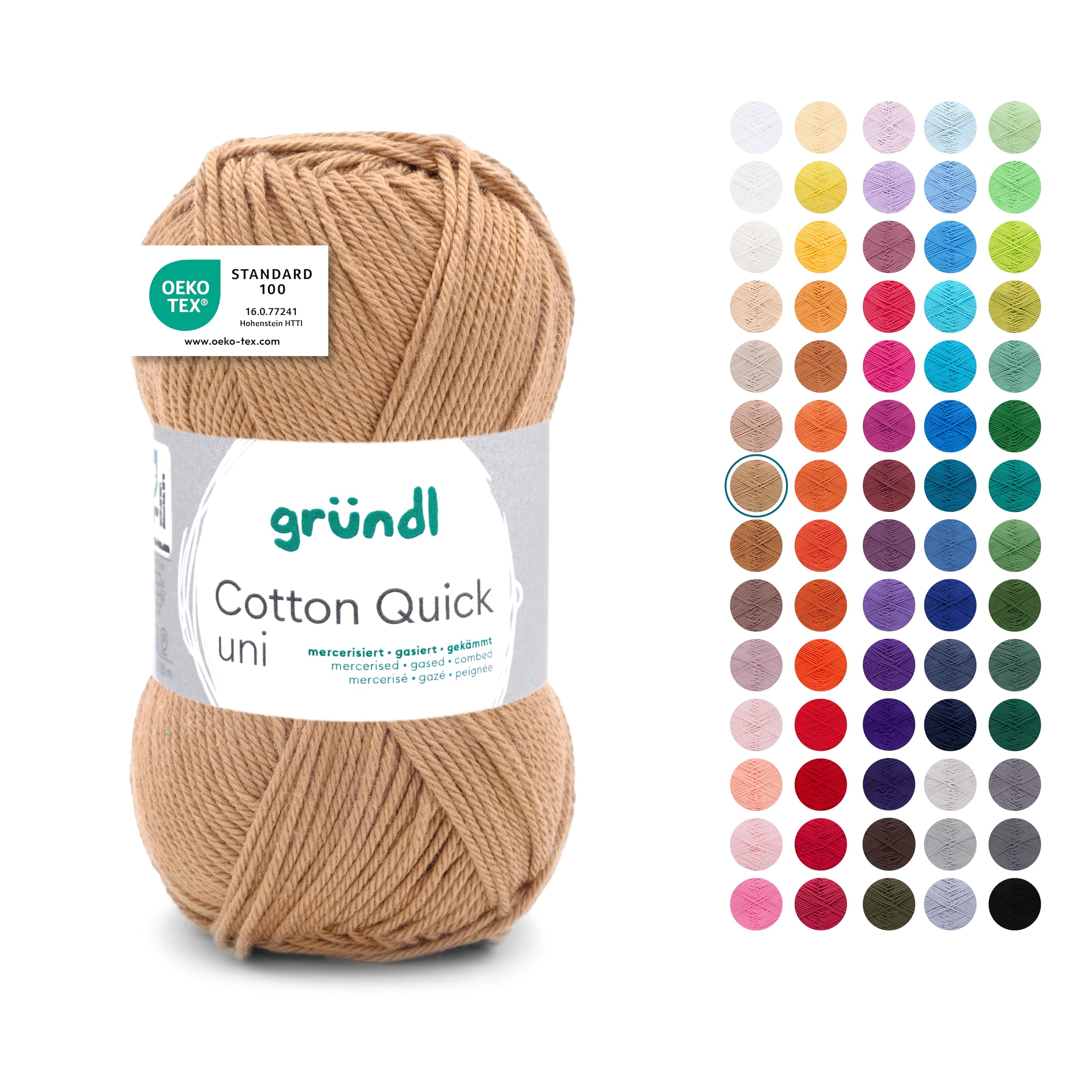 Gründl Wolle Cotton Quick uni - dünne Wolle zum Häkeln - Strickgarn - Häkelgarn - Glänzend und hautfreundlich - 100% Baumwolle - 1 Knäuel / 125 m - Nadelstärke 3-4 - messing