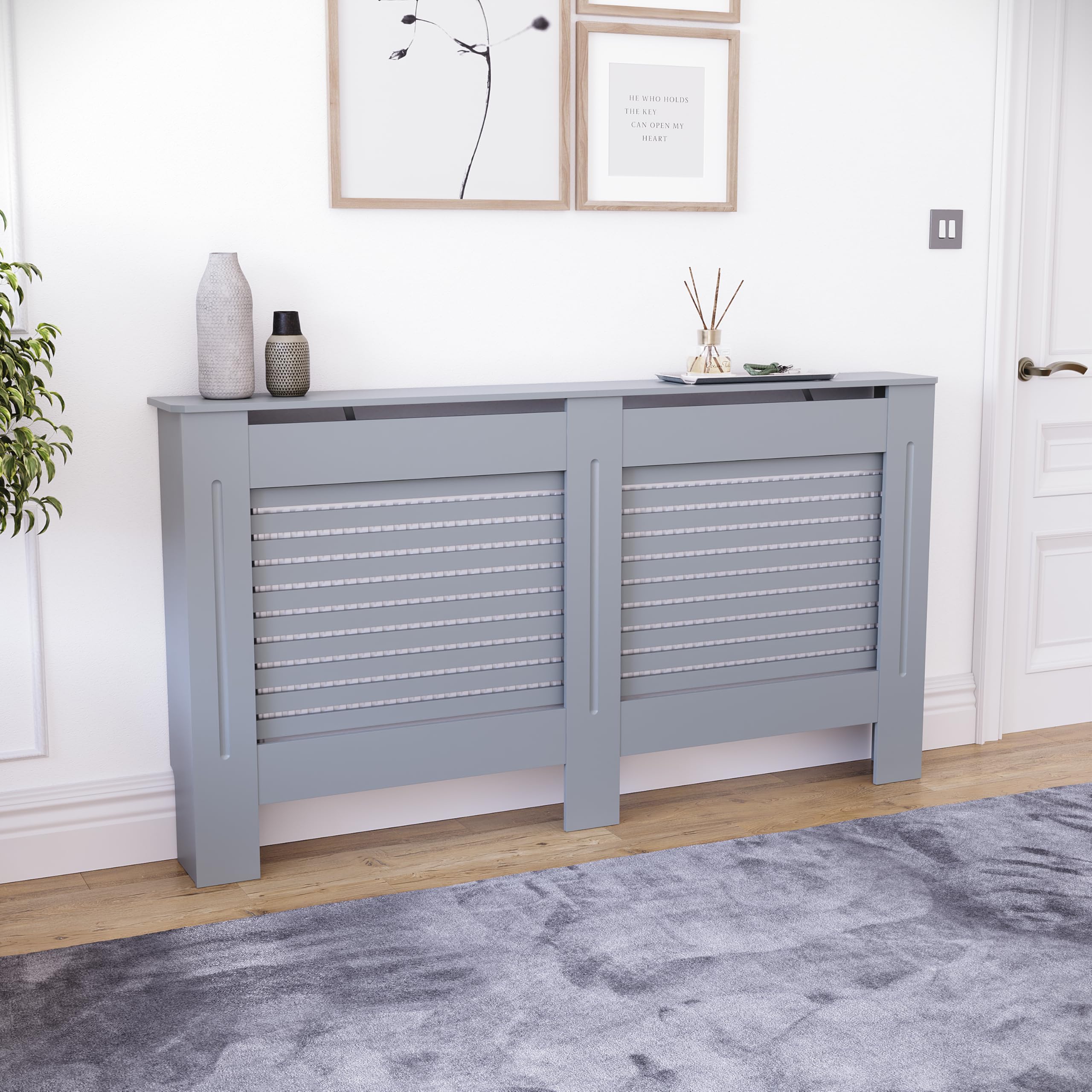 Vida Designs Milton Radiator Cover Grey - Large - Modern Horizontal Slat Design For Optimal Heat Circulation - H82xW152xD19cm - Painted MDF Cabinet Ideal For Living Room & Hallway