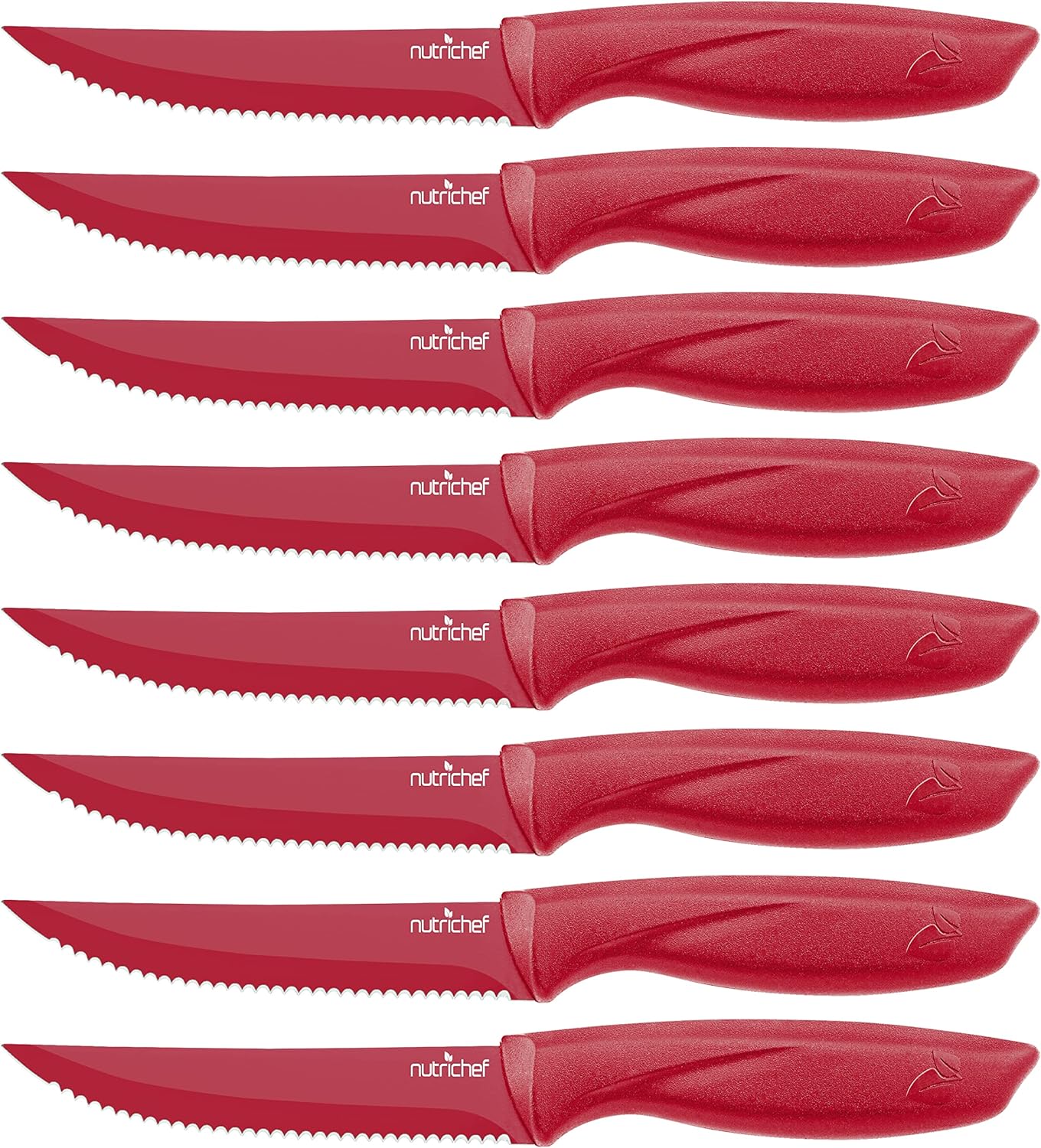 NutriChef Steak Knife Set of 8 - Premium Serrated Stainless Steel Kitchen Knife Set - Ergonomic Design, Sharp Blades, Non-Stick, & Rust-Resistant - Perfect for Home, BBQ's & Restaurants Red