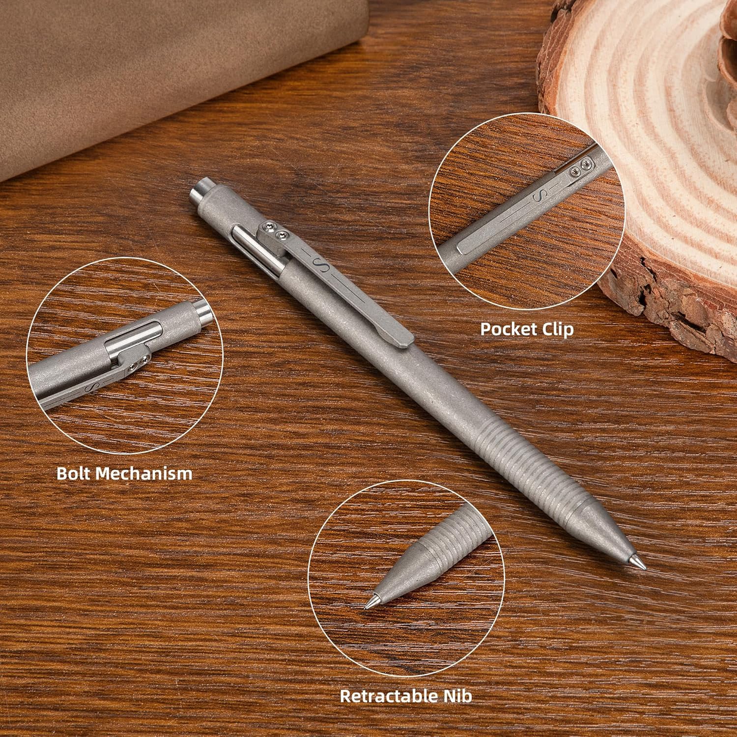 SMOOTHERPRO Bolígrafo de Titanio EDC Bolt Action Color Gris | Compatible con Recambios Pilot G2, Portátil, Duradero, Escritura Precisa, para Firma, Oficina, Escuela, Regalo Ideal