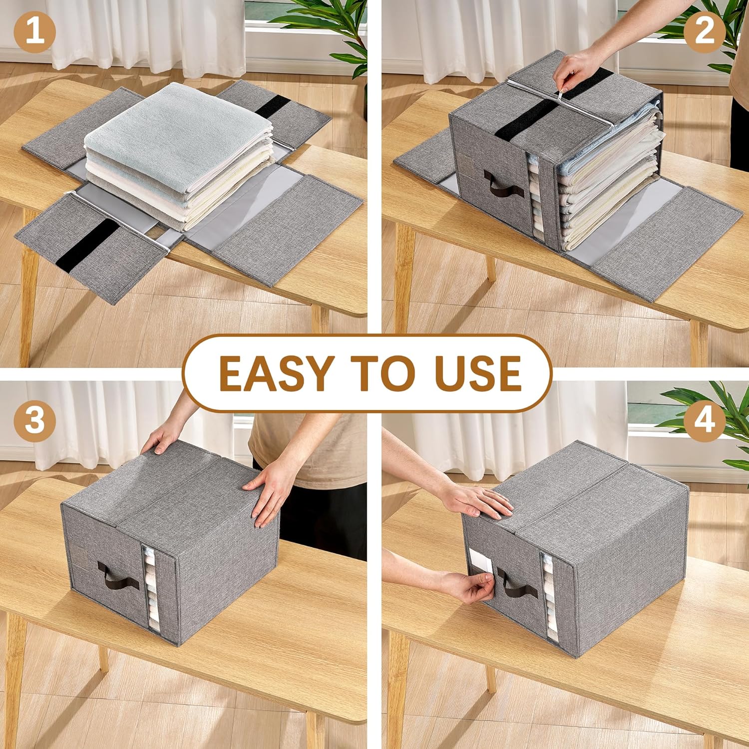 VECELO 2 IN 1 Foldable Sheet Organizer for Linen Closet with Window and Label, Bedding Storage Box for Blanket Queen and King Sheets Set Comforter Pillow, 2 Pack