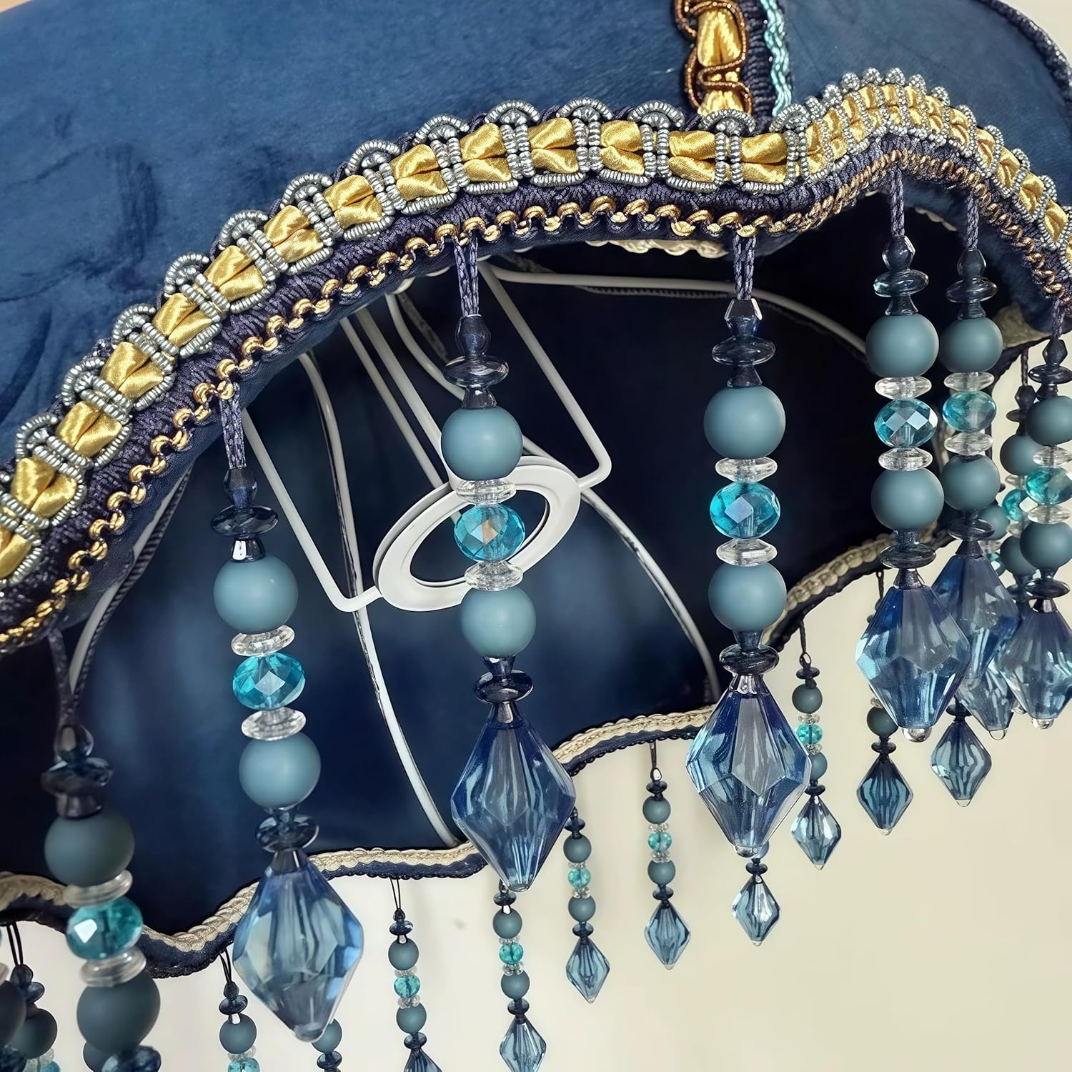 Victorian Table Lamp with LED Bulb, Blue Embroidered Fabric Shade and Resin Base, Vintage Bedside Light for Bedroom or Living Room, 21.6 Inch