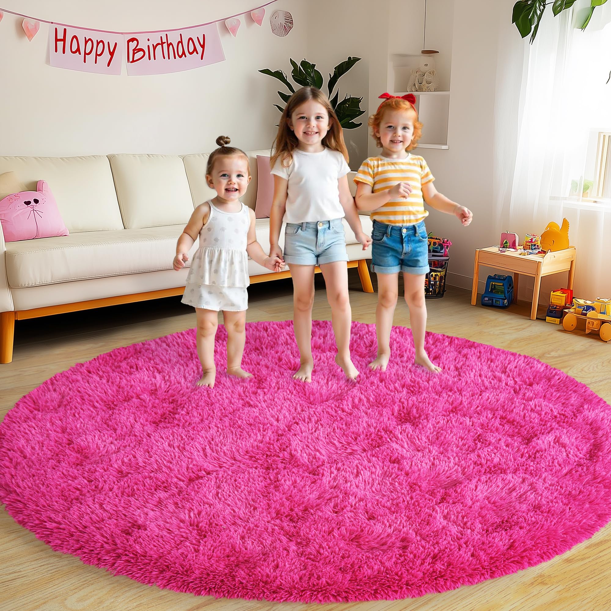 Xexsin Round Fluffy Rugs 6Ft for Girls Bedroom, Hot Pink Shag Circle Kids Rug Non-Slip for Bedside Dorm Nursery Playroom, Soft Cute Area Rugs for
