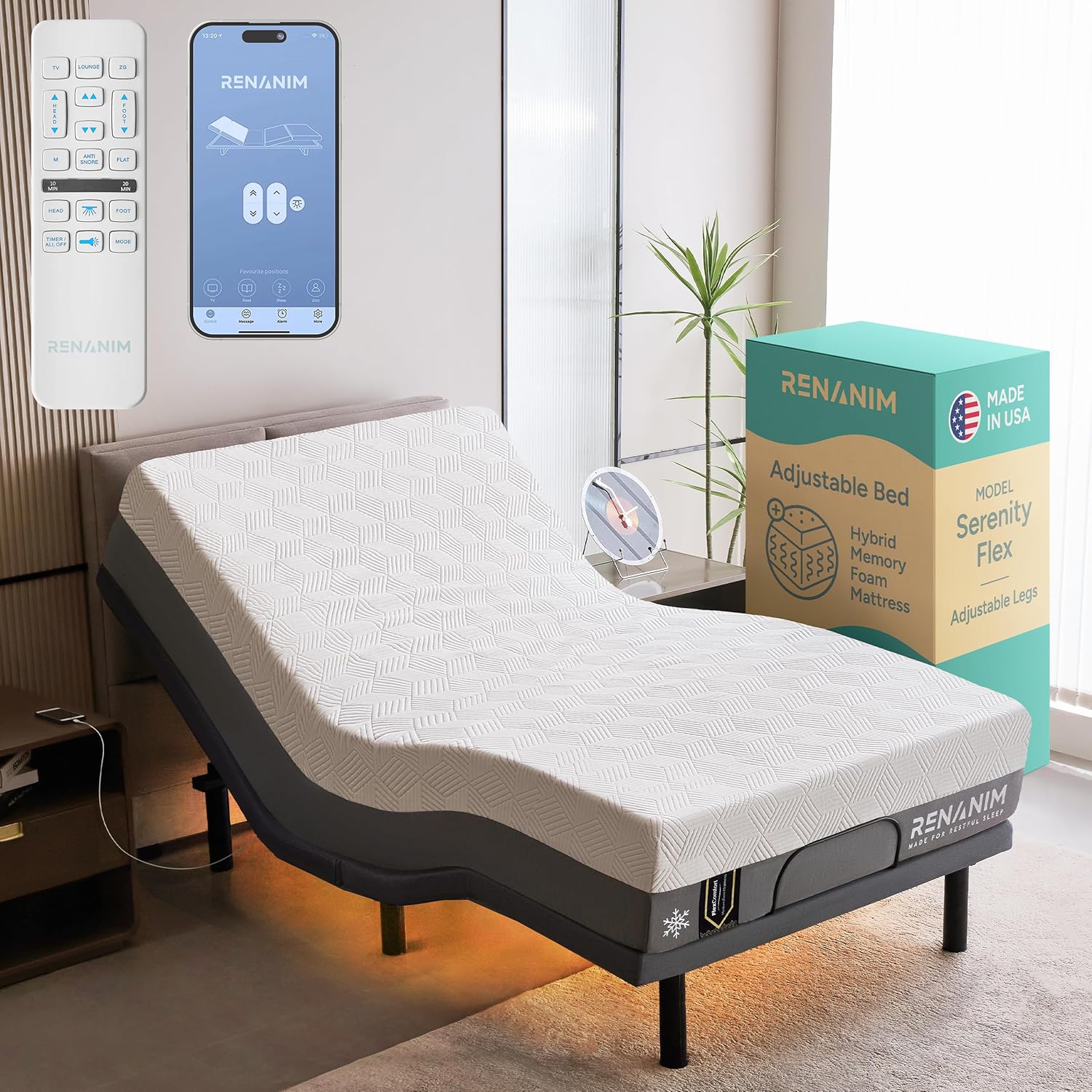SF Twin XL Adjustable Bed Frame with Mattress - 14" Hybrid Memory Foam - Electric Massage - Wireless Remote for Head & Foot Incline - Zero Gravity - Underbed Night Lights & 4 USB Ports
