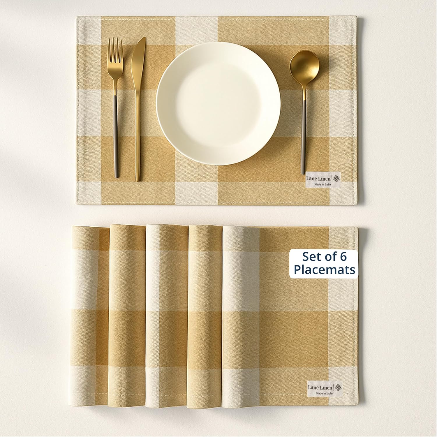 LANE LINEN Paquete de 6 manteles individuales decorativos de algodón de 13 x 19 pulgadas, color beige