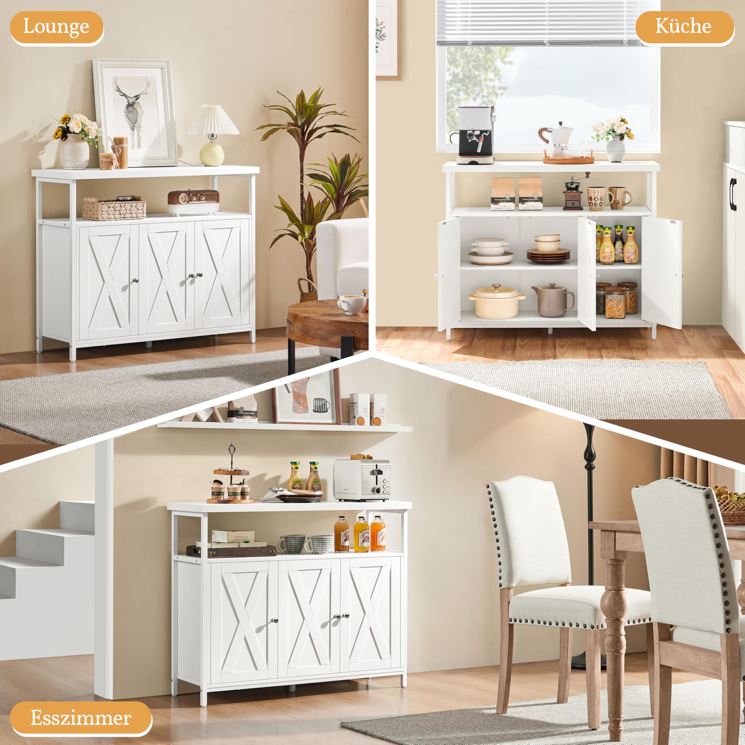 Yaheetech Sideboard, Küchenschrank mit 3 Türen und Offenen Regalen, Buffetschrank Aufbewahrungsschrank verstellbare Ablage 100 × 35 × 81 cm, Weiß