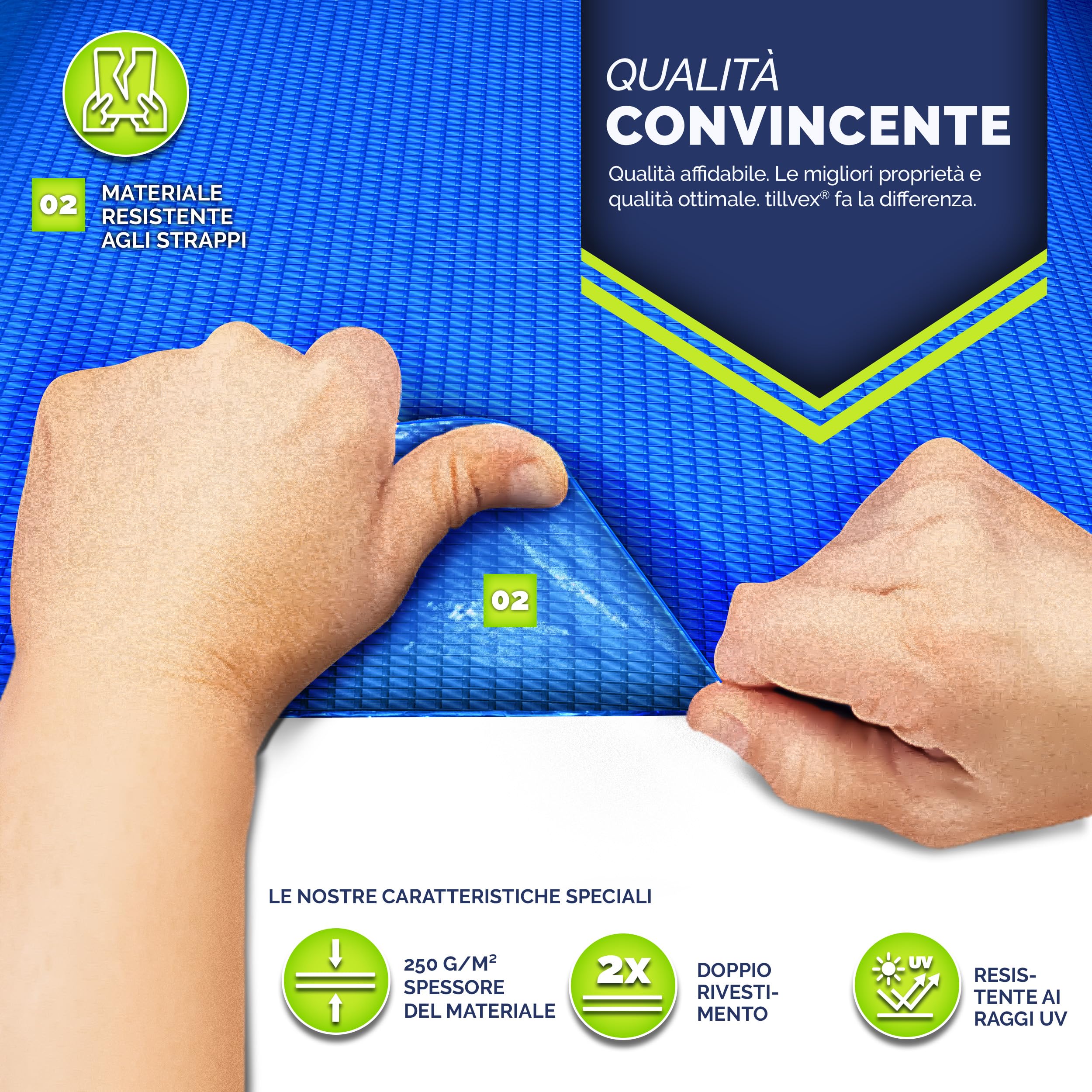 tillvex® Telo di copertura per piscina di alta qualità, 488 x 488 cm, quadrato fino a Ø 457 cm | Telone protettivo per il pavimento, 250 g/m², resistente ai raggi UV, resistente agli strappi