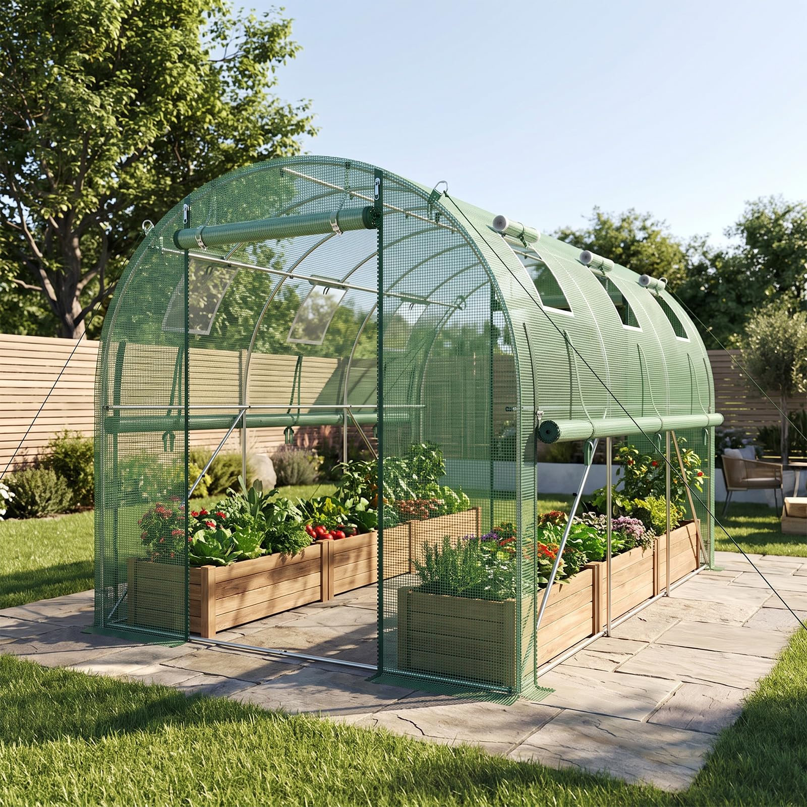Gewächshaus Balkon Garten, Bogen Foliengewächshaus 300×200×200 cm, Winterfestes Tomatengewächshaus Stabil, Platzsparendes Überwinterungszelt mit Reißverschlusstür, Wind- & Wetterfest, Grün