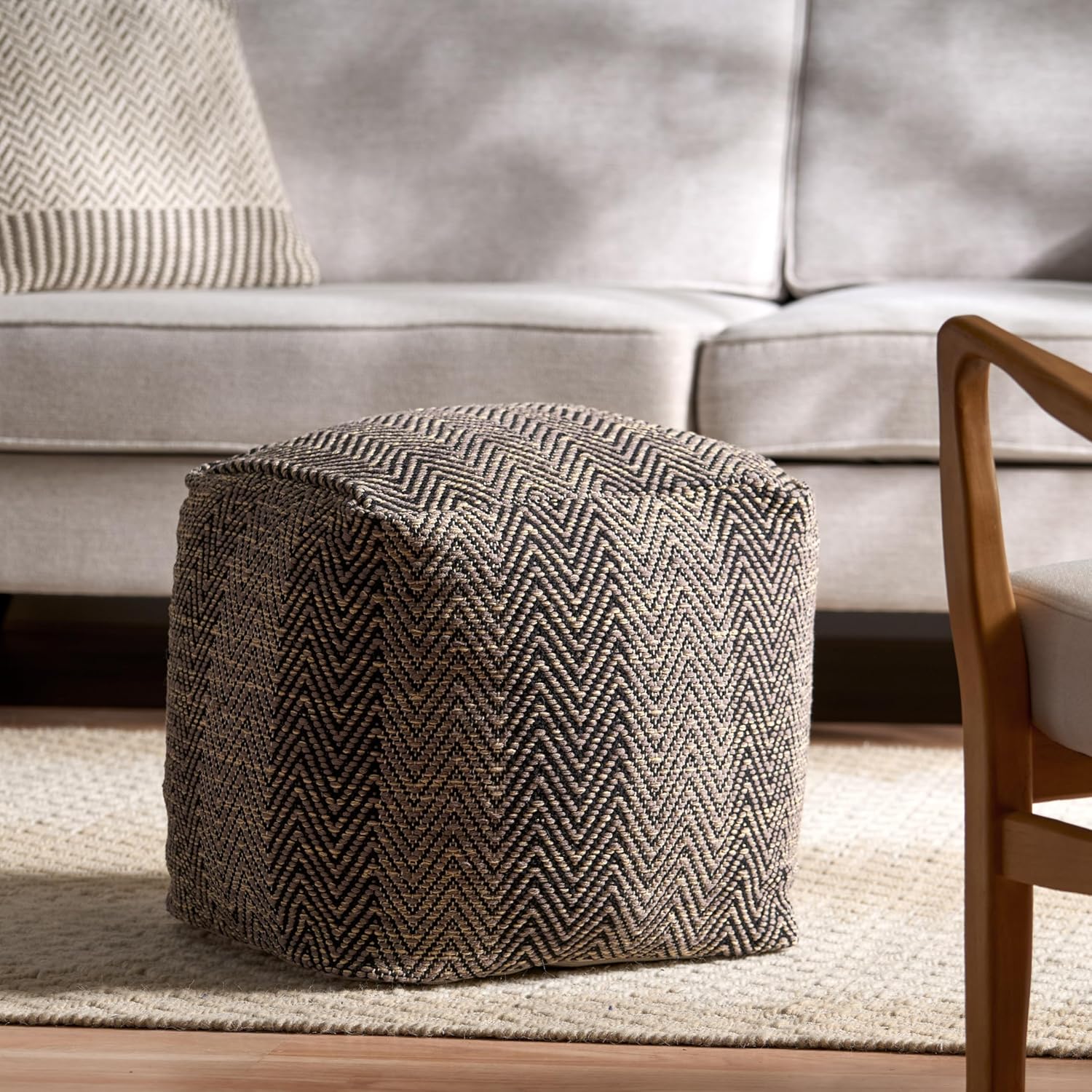 GDFStudio Boho Handmade Fabric Cube Pouf Ottoman Foot Stool - Bean Bag Floor Chair - Foot Rest Couch for Living Room Bedroom, Brown Beige and Yellow,15"" x 15"" x 15"", 312185N