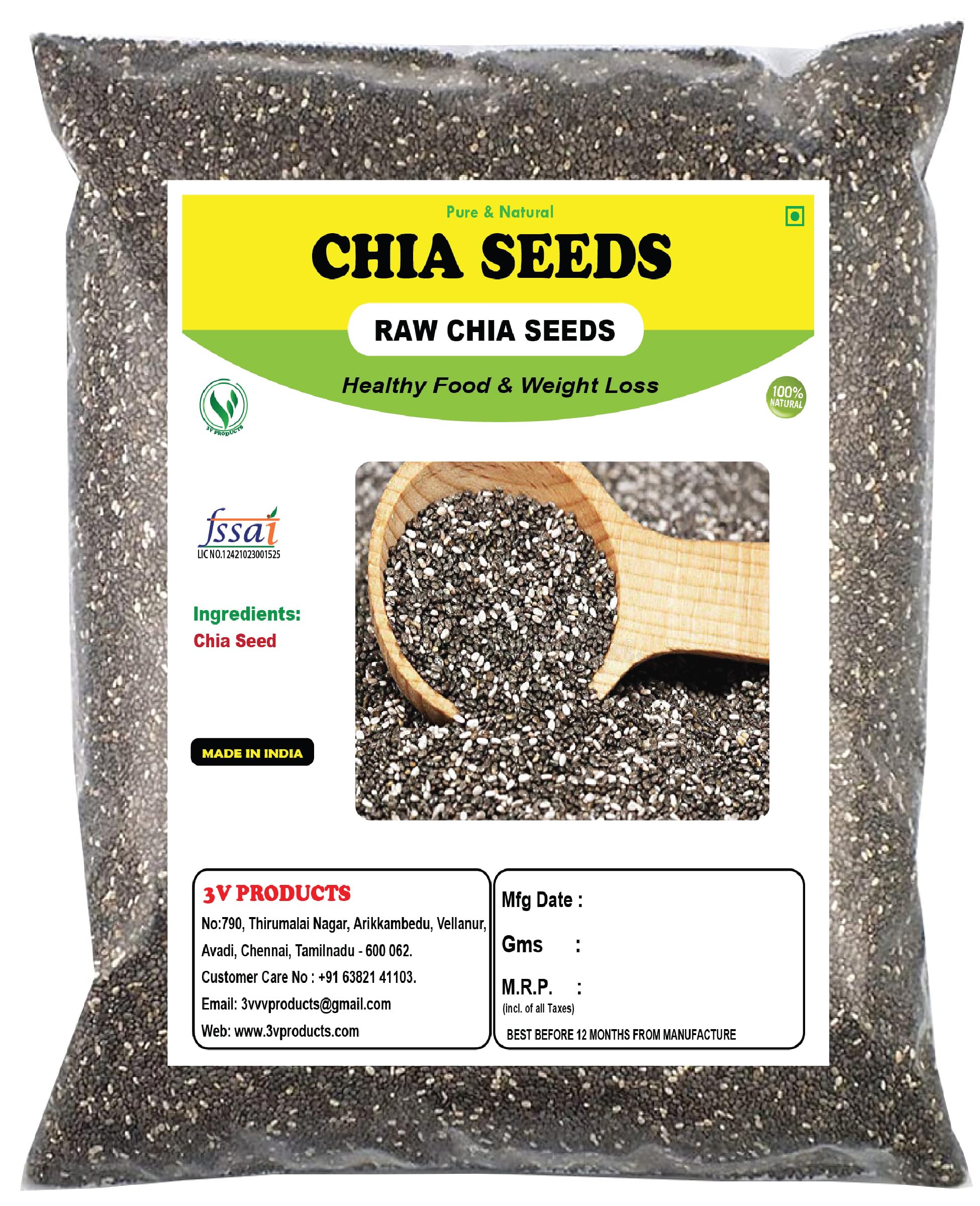 3V PRODUCTS Natural Chia Seeds 50g for Diet Snacks for Weight Loss | Eating | Healthy Snack for Immunity Booster | Rich in Fiber (B0B7NRW6LK) Amazon Price History, Amazon Price Tracker