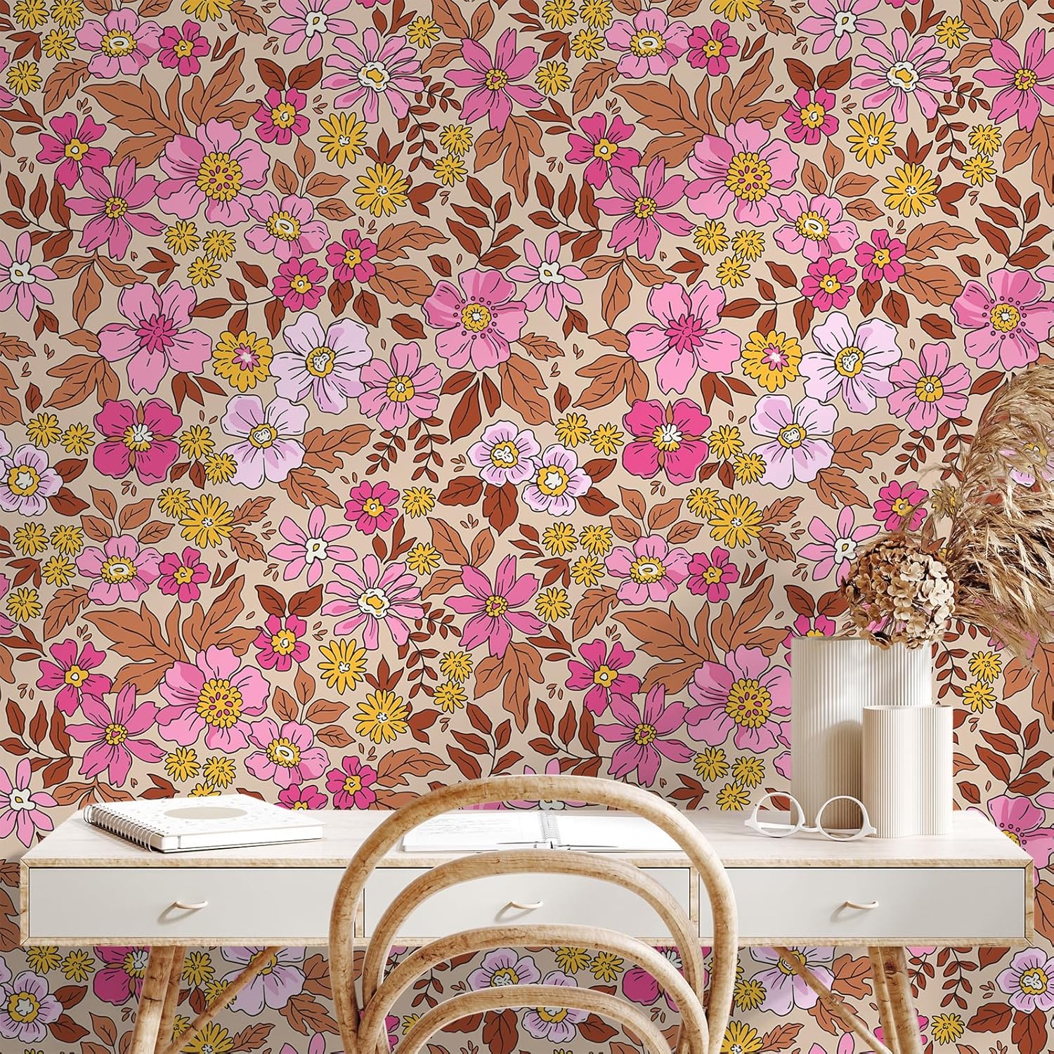VEELIKE Hot Pink Floral Wallpaper Vintage Pink Floral Peel and Stick Wallpaper for Girls Bedroom Nursery 17.7''x118'' Prepasted Flower Wallpaper Self Adhesive Floral Contact Paper for Walls Drawer