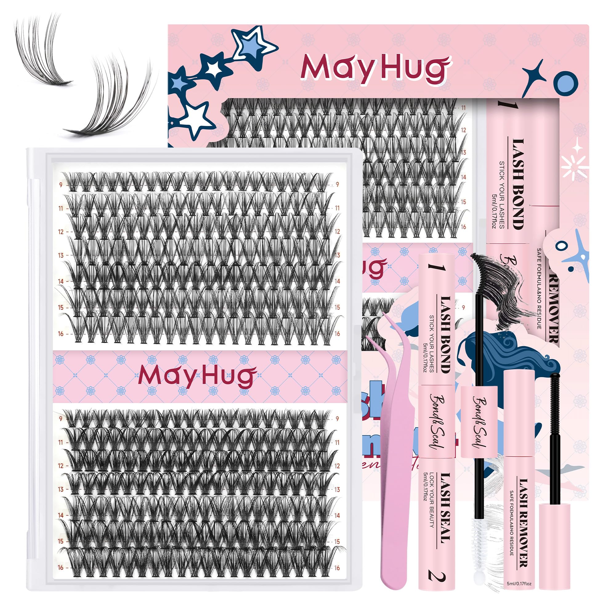 Mayhug Cluster Lashes Kit,30D 40D Lash Clusters Kit,Lash Extension Kits,280pcs Cluster Lashes with Bond and Seal and Eyelashes Remover and Applicator Tweezer D Curl(3040D,Mix9-16mm)