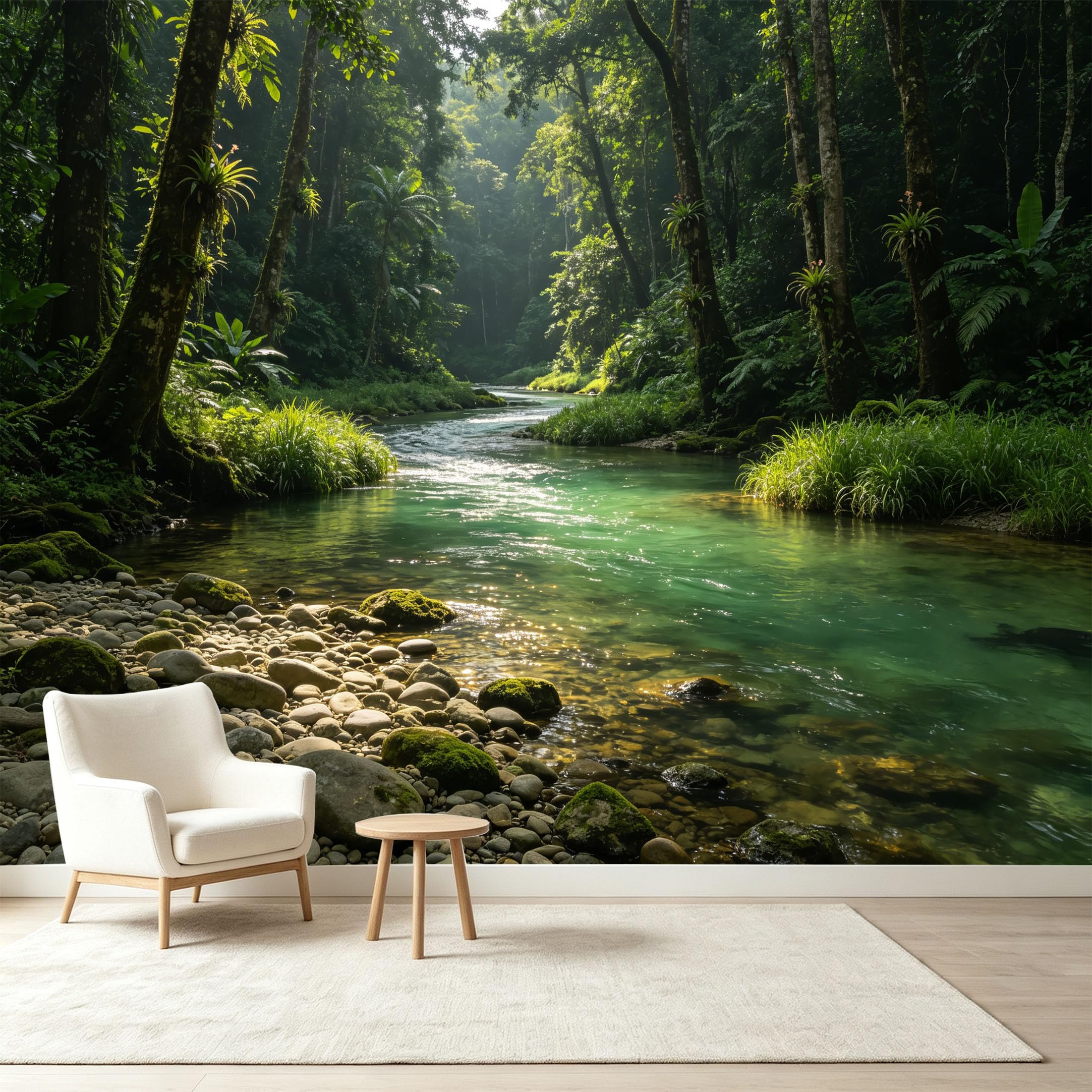 Custom Size Wall Murals Tropical Rainforest Landscape Sunlit River Stony Shore Self-Adhesive Wall Fabric Removable Wallpaper Wall Decor for Living Room Bedroom Bathroom