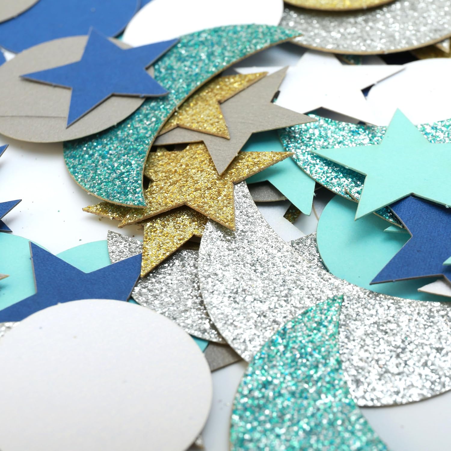 410 Pieces Glitter Star and Moon Confetti，Navy Blue White Gold star Confetti，Outer Space Baby Shower Party Confetti，Double Side Table Confetti Sequin for Wedding Birthday Baby Shower.