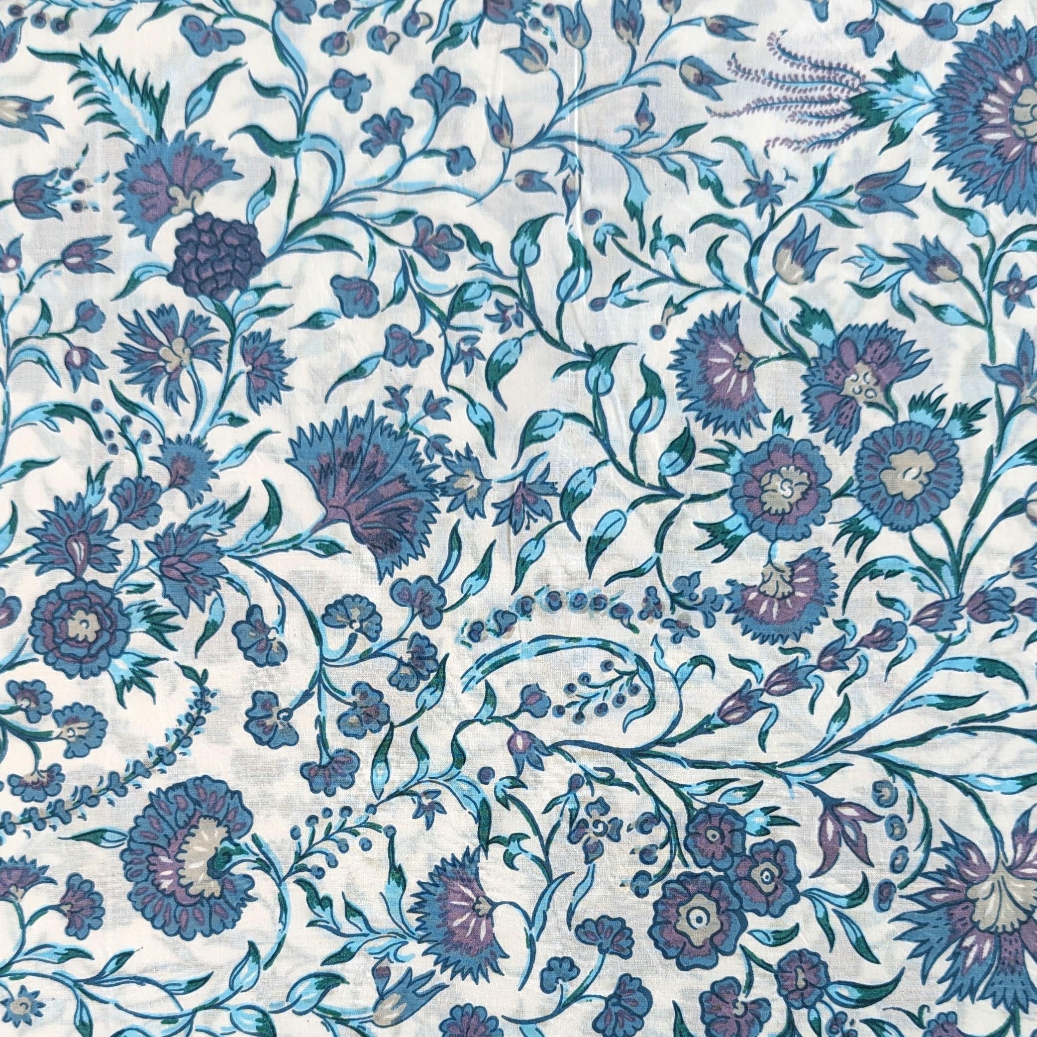 AVKA Studio Hand Block Print Fabric by The Yard - PRECUT 5 Yard 42 Inch Width - 100% Cotton Material - White with Blue & Purple Floral Pattern - Light