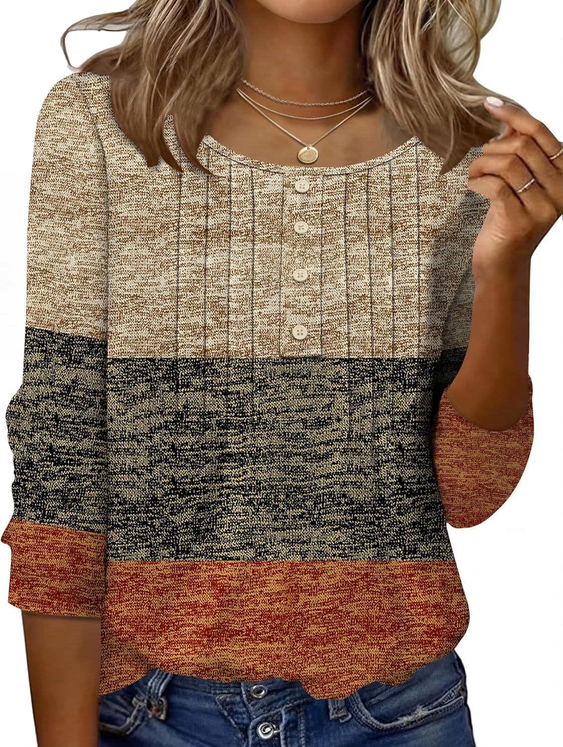 Ivicoer Women's 3/4 Length Sleeve Tops Crewneck Button Pleated Dressy Casual Blouses