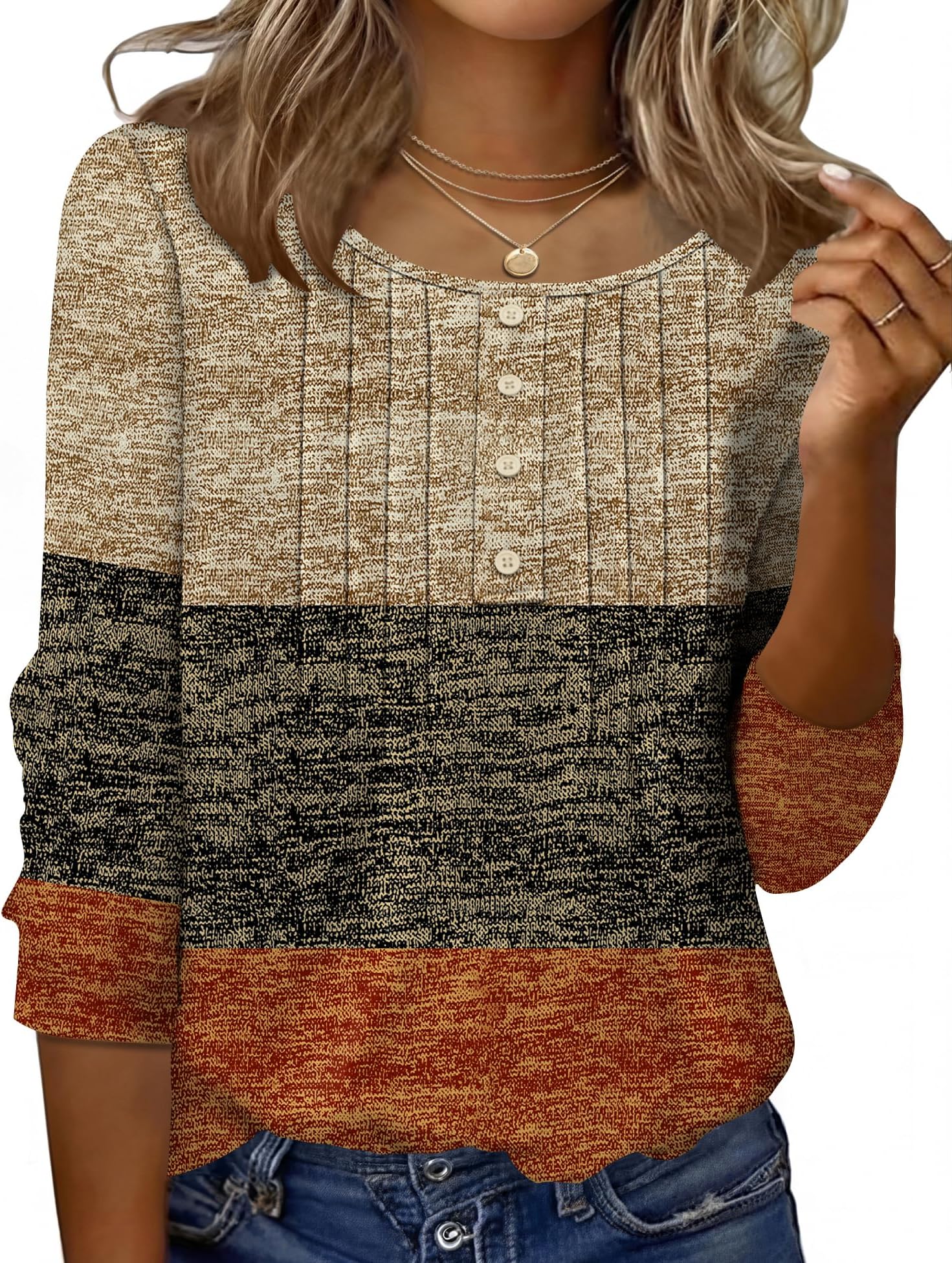 Women's 3/4 Length Sleeve Tops Crewneck Button Pleated Dressy Casual Blouses