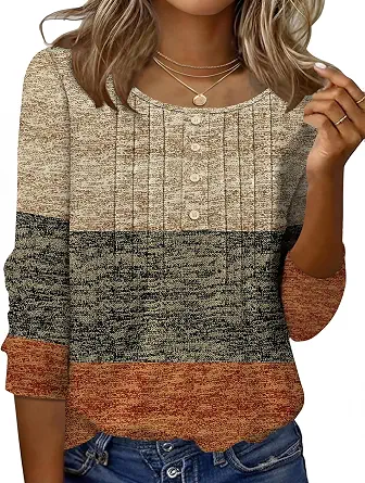 Ivicoer Women's 3/4 Sleeve Crewneck Button Pleated Blouses