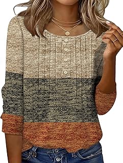 Women's 3/4 Length Sleeve Tops Crewneck Button Pleated Dressy Casual Blouses