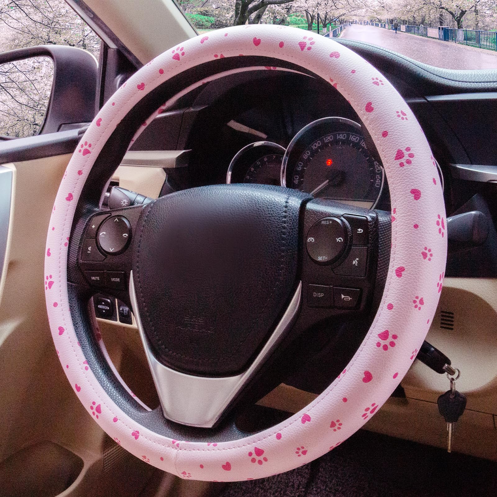 Evankin Evevik Leather Steering Wheel Cover Pink Cute Women Men Girly Cool Car Accessories，Soft&Warm ，Non-Slip and Comfortable，Universal Cat paw Print car Steering Wheel Cover 14.5-15inch