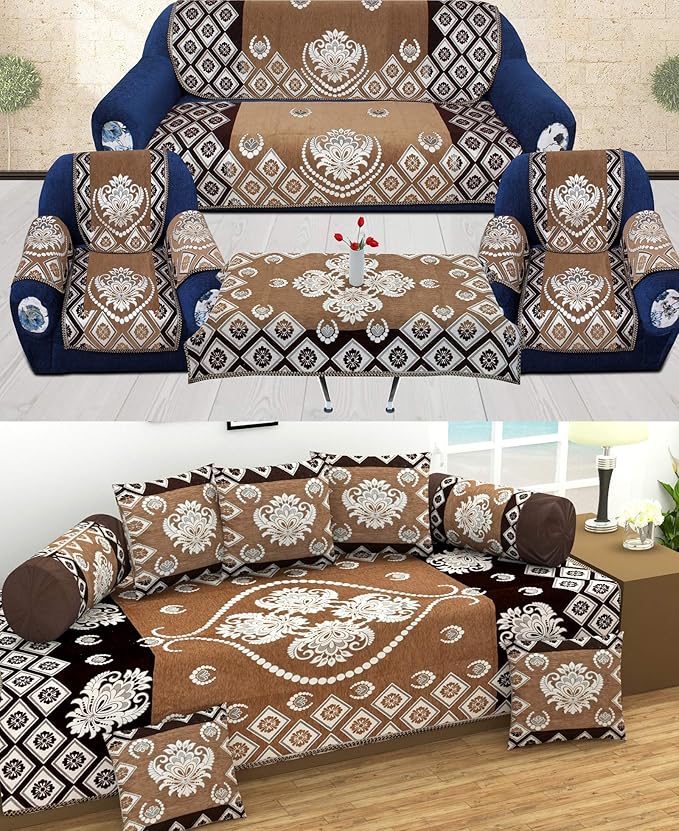Multitex Heavy Chenille Velvet Abstract Sofa Cover with diwan Set and Table Cover Combo
