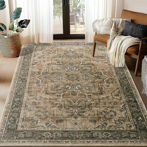 Vintage Distressed 5x7 Area Rugs for Living Room Bedroom Non Slip Washable, Medallion Pattern Printed Low Pile Thin Carpet Rugs for Dining Room/Kitchen/Home Office, Multi Brown/Olive Accents