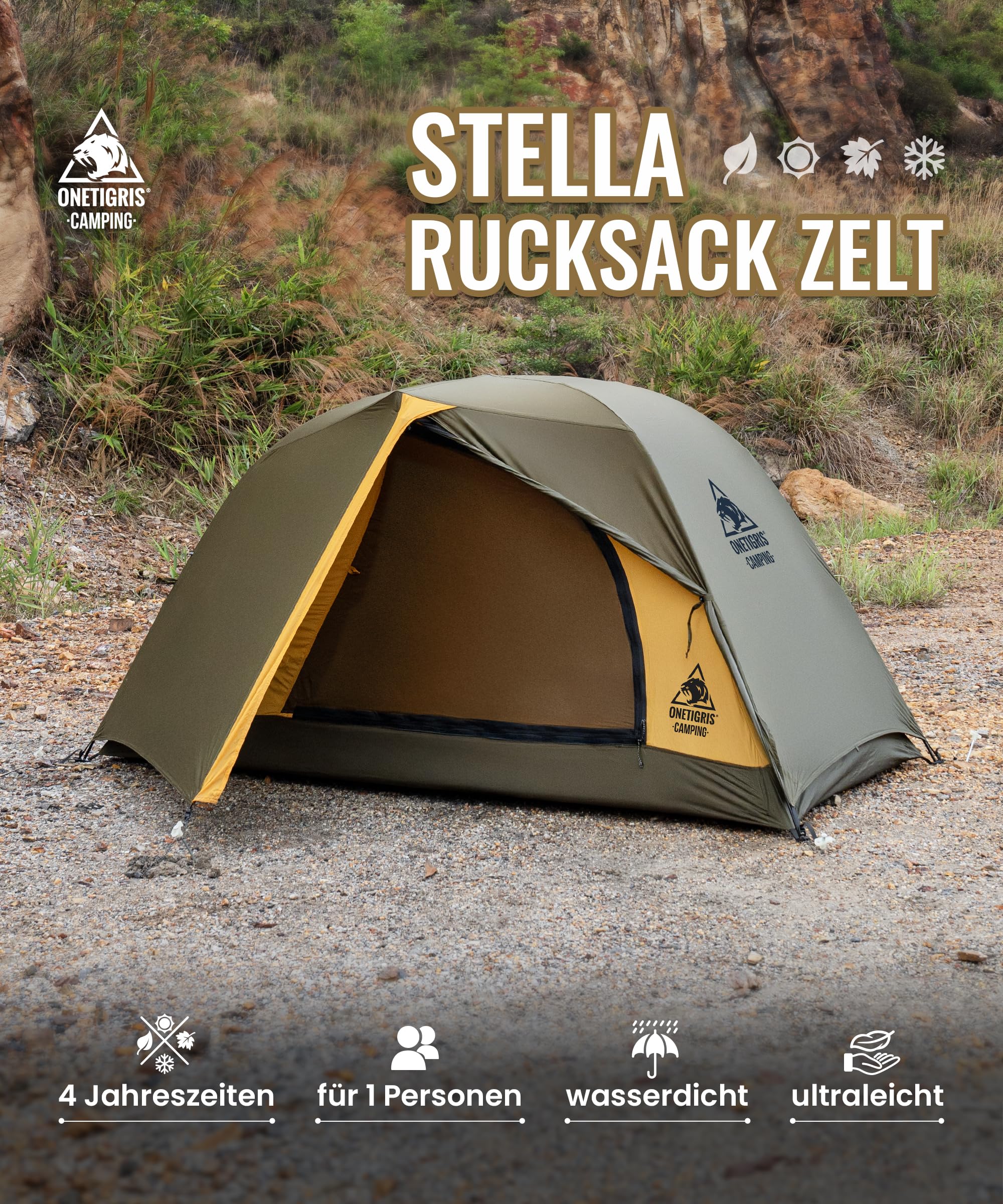 OneTigris Stella 4 Jahreszeiten Camping Zelt 3000 mm wasserdicht Rucksack | Campingzelt, freistehend, leicht für Outdoor, Wandern, Bergsteigen