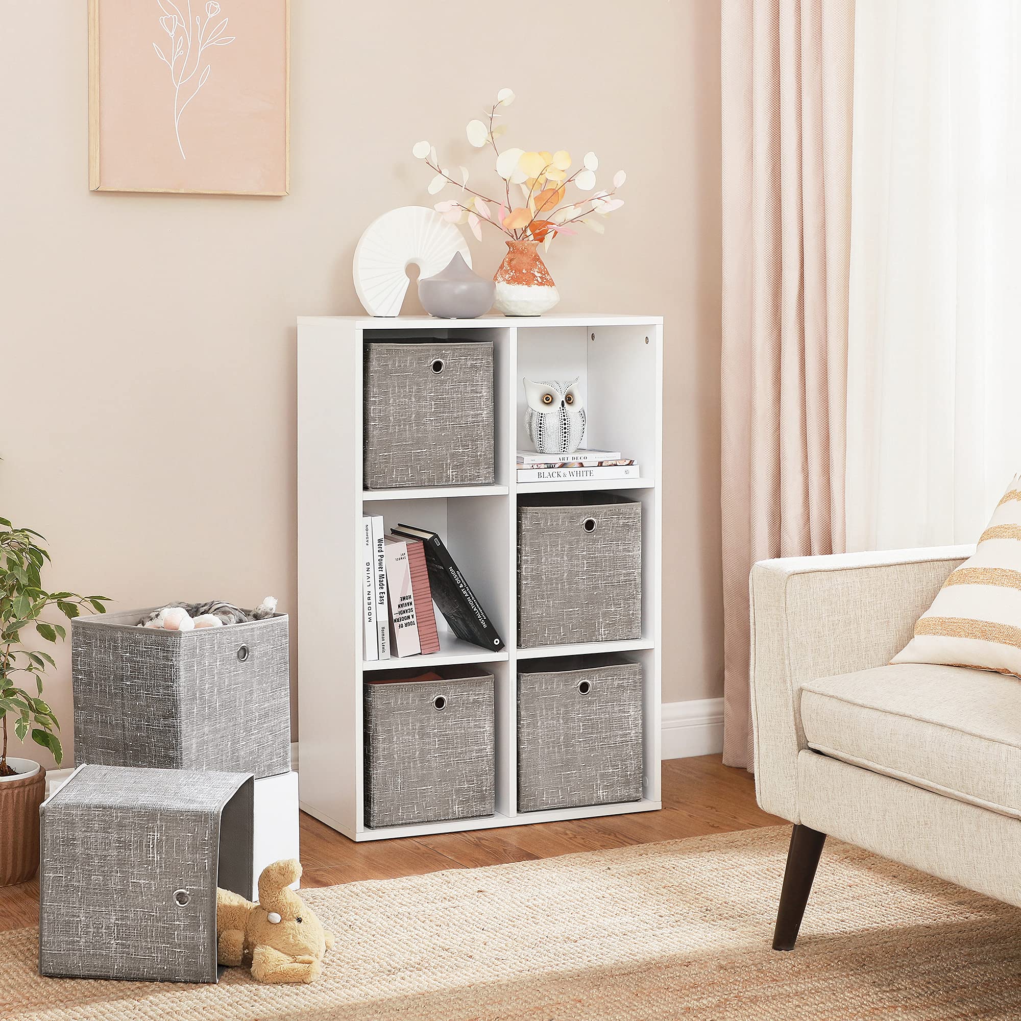 Set 4 Cubi Portaoggetti In Tessuto Con Manici In Legno | 33x33x33 Cm, Pieghevoli, Beige, Per Scaffali E Librerie