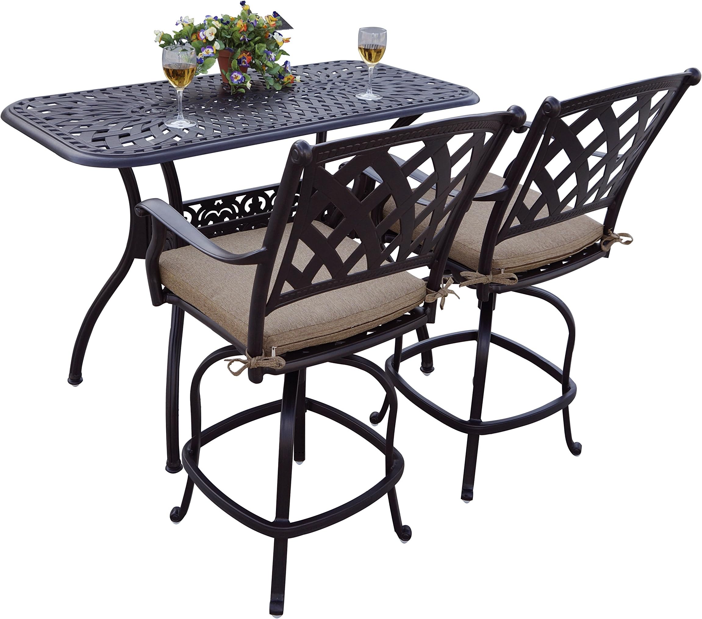 Darlee 3 Piece Ocean View Cast Aluminum Counter Height Bar Set with Seat Cushions, 26'' x 52'', Antique Bronze Finish