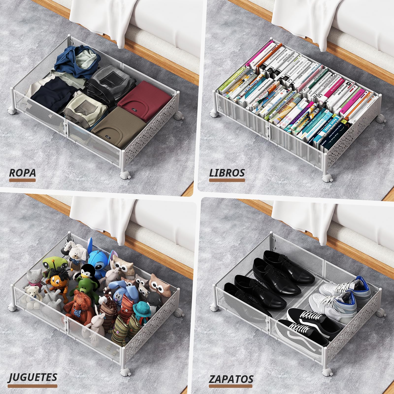 PHINOX Almacenamiento debajo de la cama, contenedores de almacenamiento debajo de la cama con ruedas, cajón organizador de almacenamiento de zapatos debajo de la cama para dormitorio, ropa, zapatos
