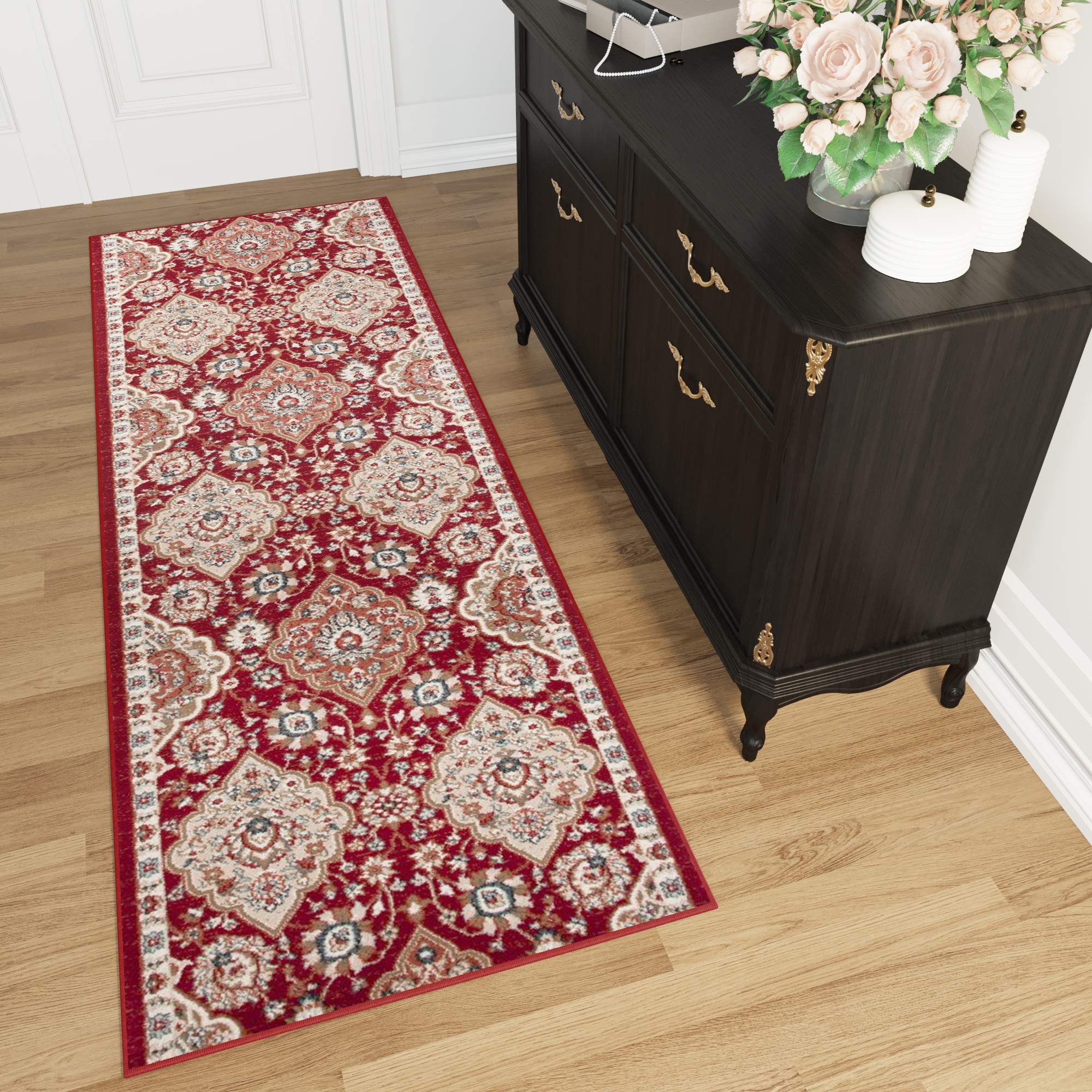 TAPISO Dubai chodnik dywan most kremowo-czerwony z klasyczną ornament kwiatowy wzór na korytarz, pokój dzienny, wejście do mieszkania ÖKOTEX 100 x 1500 cm