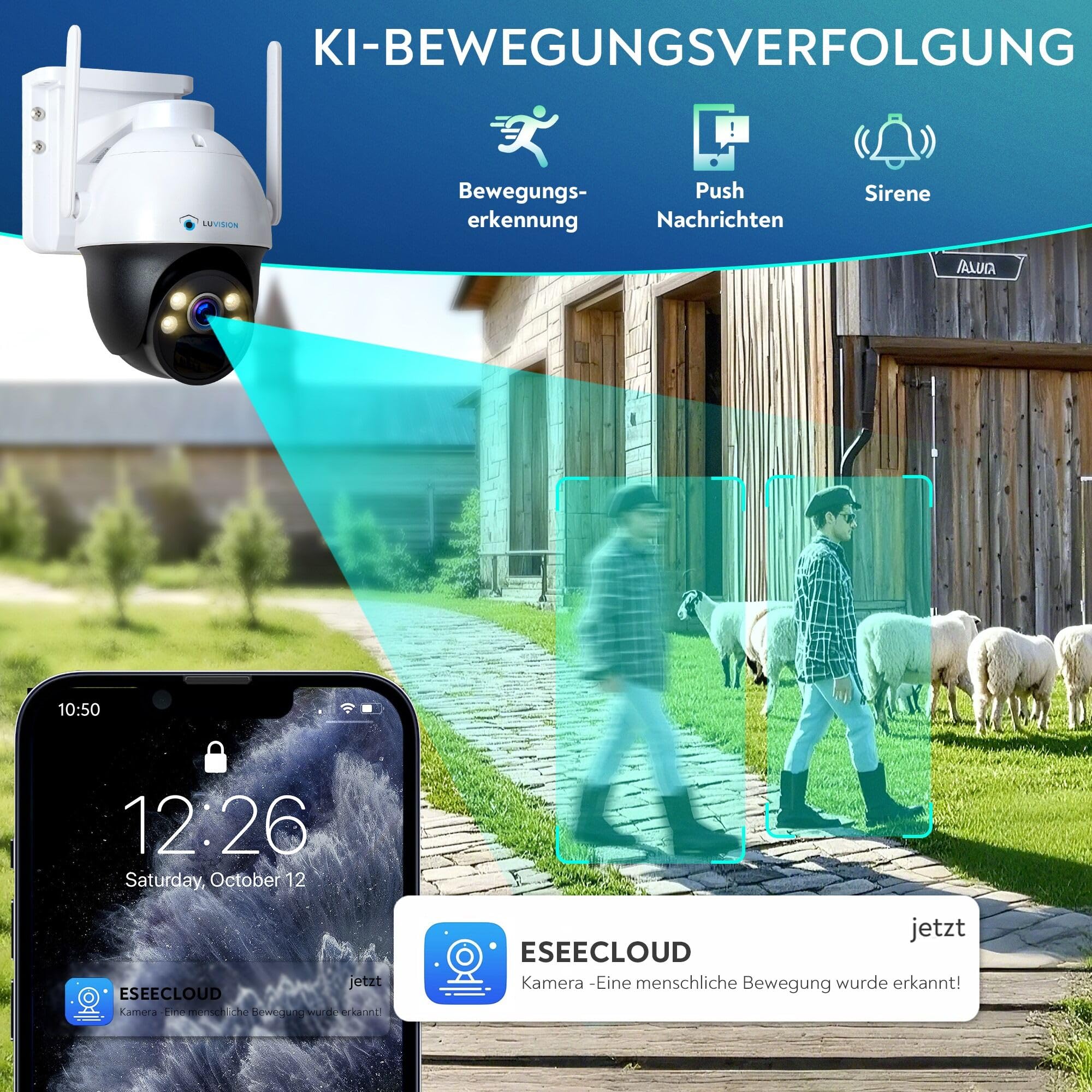 4G LTE【4MP+PTZ+ PC Software】 Solar Überwachungskamera inkl. SIM Karte, außen, Solarpanel, 18000mAh Akku Batterie, 2-Wege Audio, KI Bewegungsverfolgung, Auto Tracking AOV 24/7 Daueraufnahme