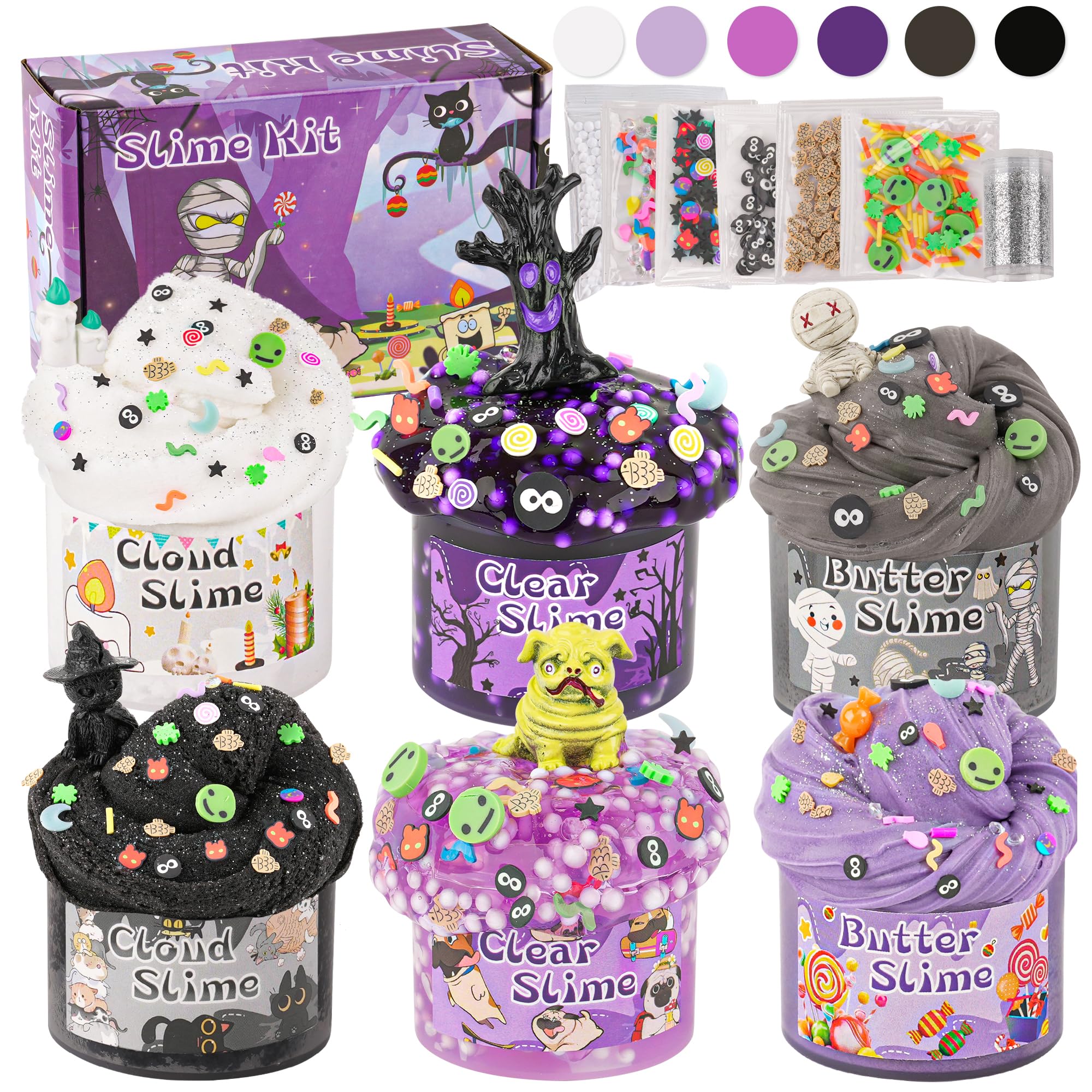 6 Packs Black Purple Slime Kit - Cloud, Butter & Clear With Halloween Add-ins, Fluffy for Girls & Boys Party Bag Fillers, 360ml Making Kit