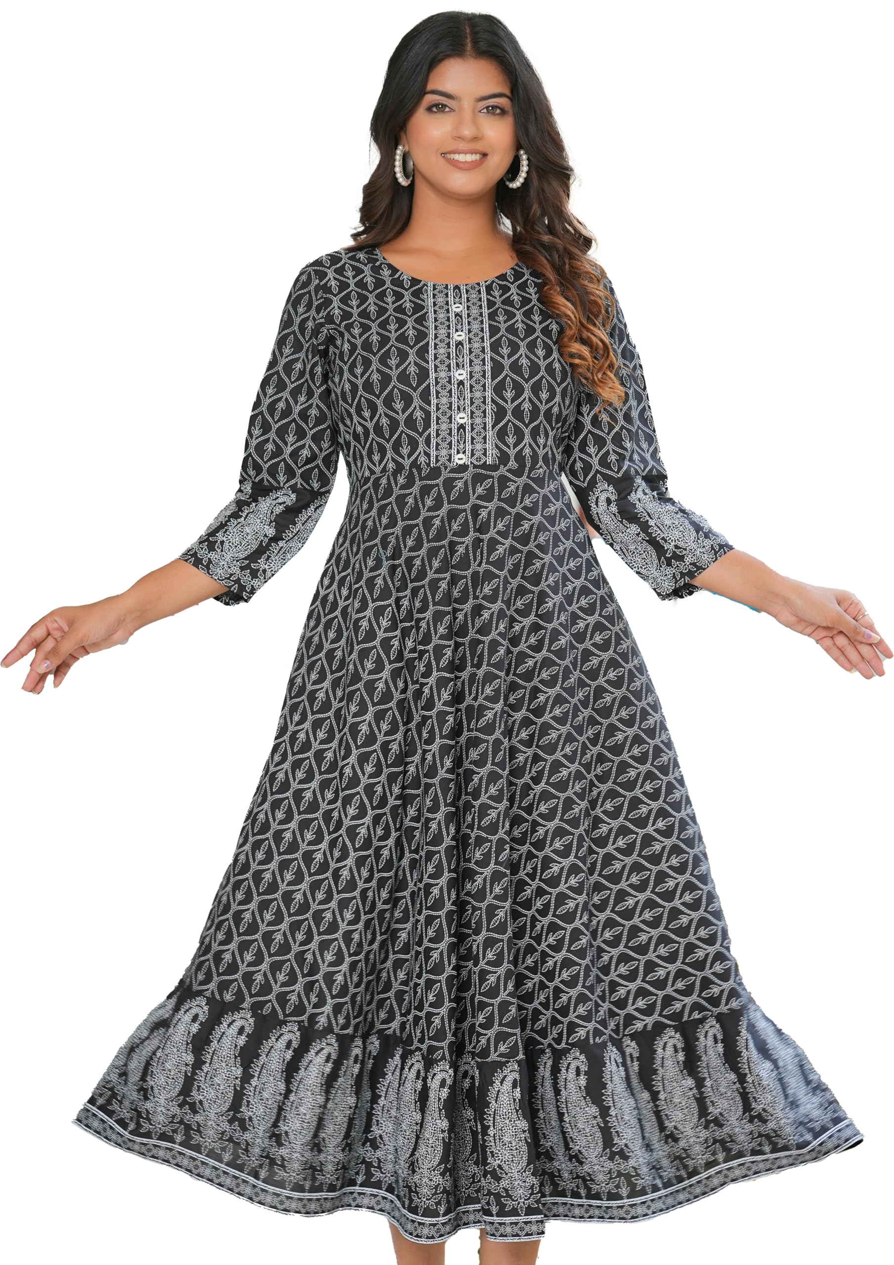 Yash Gallery Women's Rayon Geomatrical Jamdani Printed Round Neck 3/4 Sleeve Calf Length Kurta Dress For Summer
