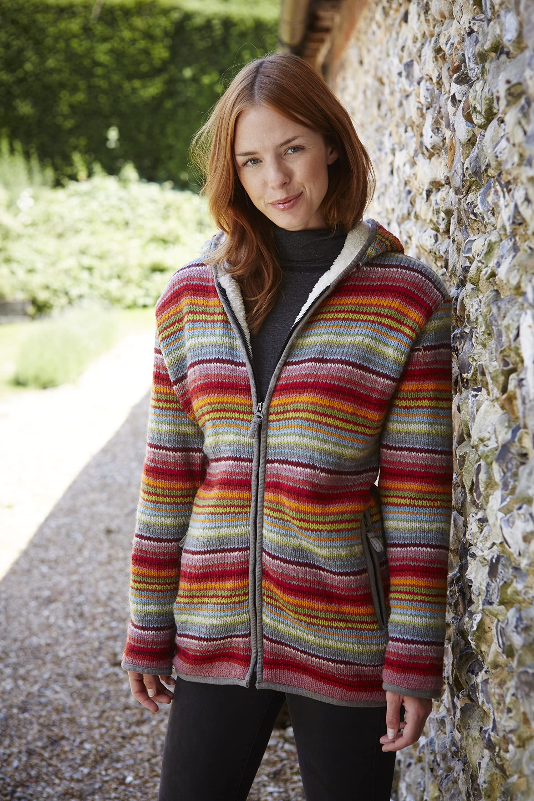 Sudadera con capucha de lana con cremallera para mujer, forro polar, tejido a mano, multicolor, hecho a mano, extra cálida, Pachamama Fair Trade
