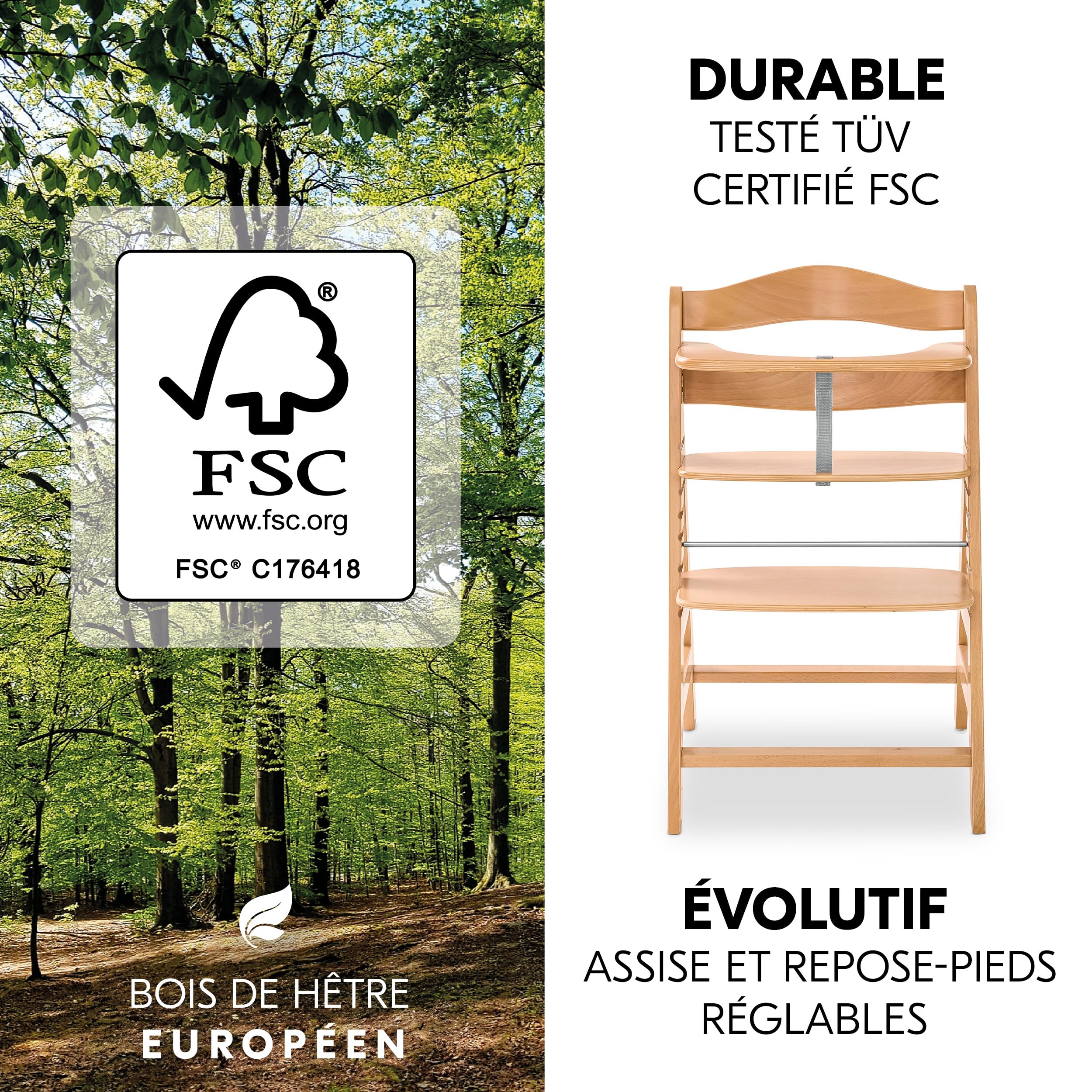hauck Chaise Haute Bébé Alpha+ avec Siège Nouveau-né Deluxe - Natural | Chaise haute évolutive en bois, de la naissance à 90 kg, inclus assise avec arche éveil bébé, coussin, idéal pour repas