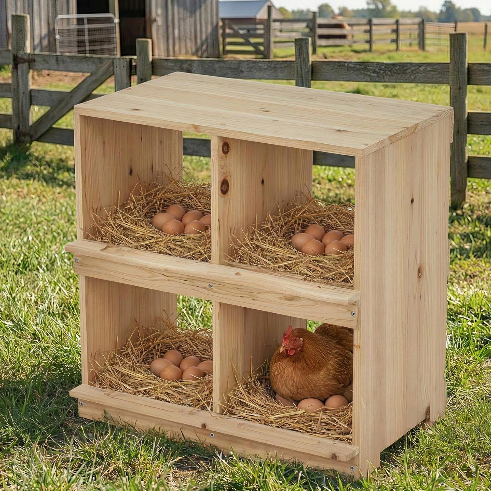 Garvee Gallinero de Madera con Nidal de Doble Capa de 4 Compartimentos, Caseta para Gallinas Ponedoras, Diseño Rural con Techo Inclinado, Montaje Sencillo, para Interior del Corral, Madera Natural