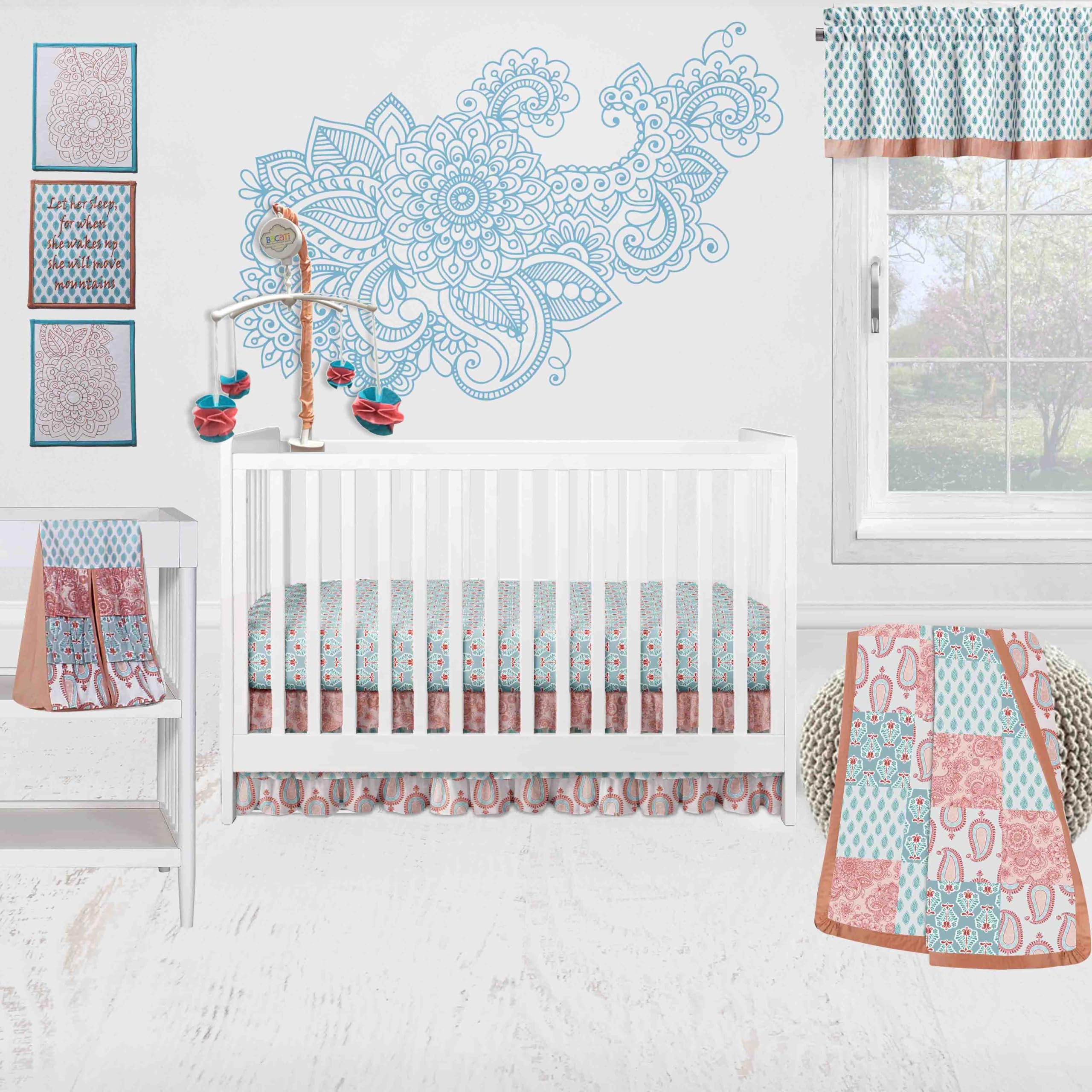 Bacati - Paisley Sophia Coral Aqua 10 Piece Crib Bedding Set with 2 Crib Fitted Sheets
