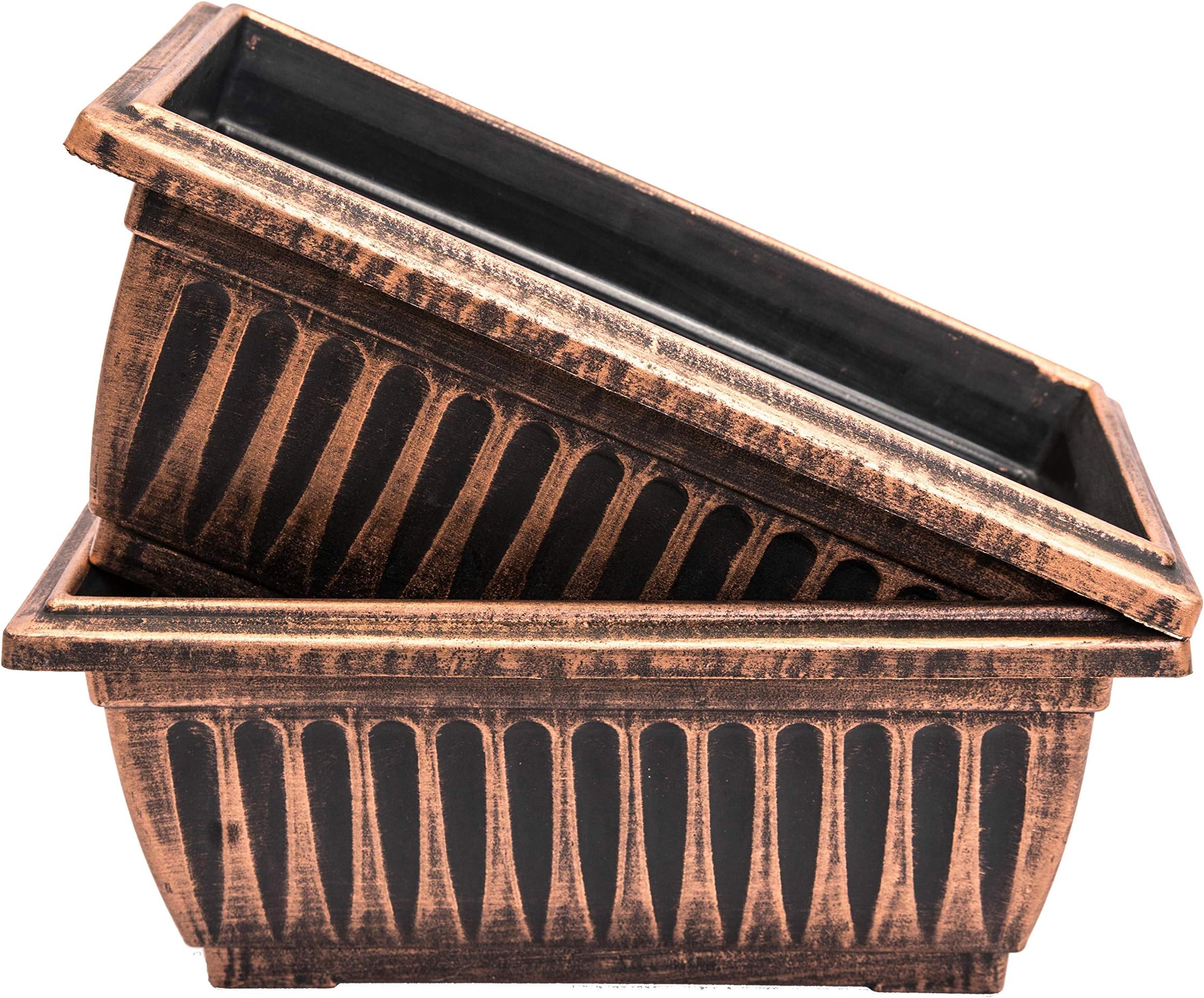 2 Pack Combo Rustic Metal Look Plastic Rectangle Planter with Pre Drilled Hole for use in Garden Patio Office Ornament Home Décor Long Lasting Reusable Lightweight (14 Inches, Copper)
