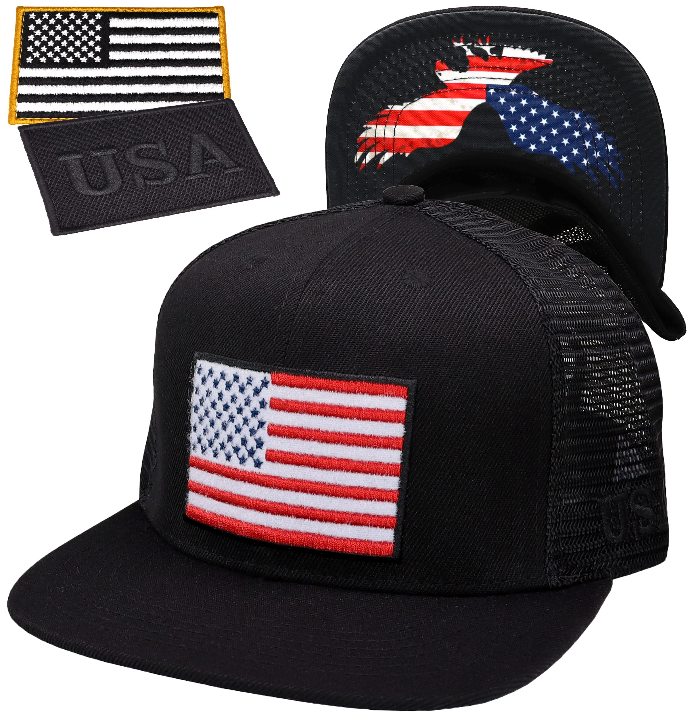 Antourage American Flag Unisex Baseball Hat for Men and Women | USA Flag Mesh Snapback Cap with 2 Patriotic Patches
