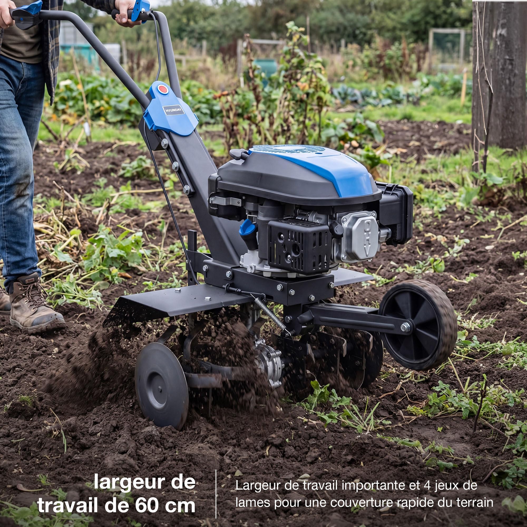 Hyundai Motobineuse Motoculteur Thermique 60 cm, Démarrage Électrique, 173 cm3 4,8 CV, 4 Jeux de Fraises, Profondeur 26 cm, Garantie 3 Ans - HYT175EX-EU