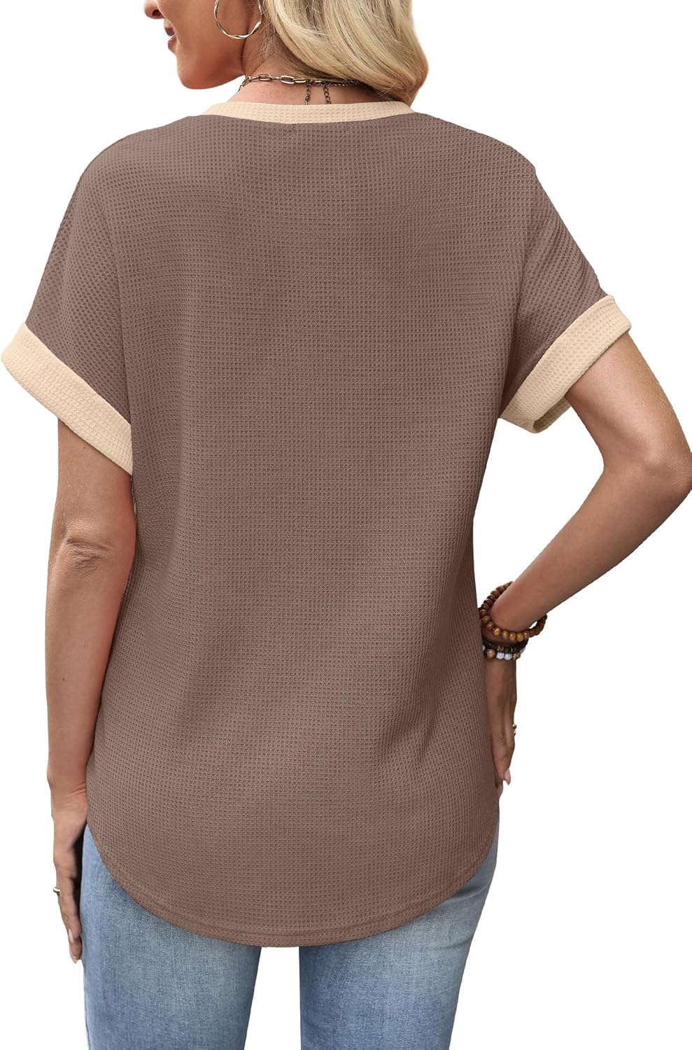 Sampeel Summer Tops for Women 2026 Trendy Rolled Short Sleeve Shirts Waffle Knit Crew Neck Tops Curved Hem Fashion Clothing - Image 5