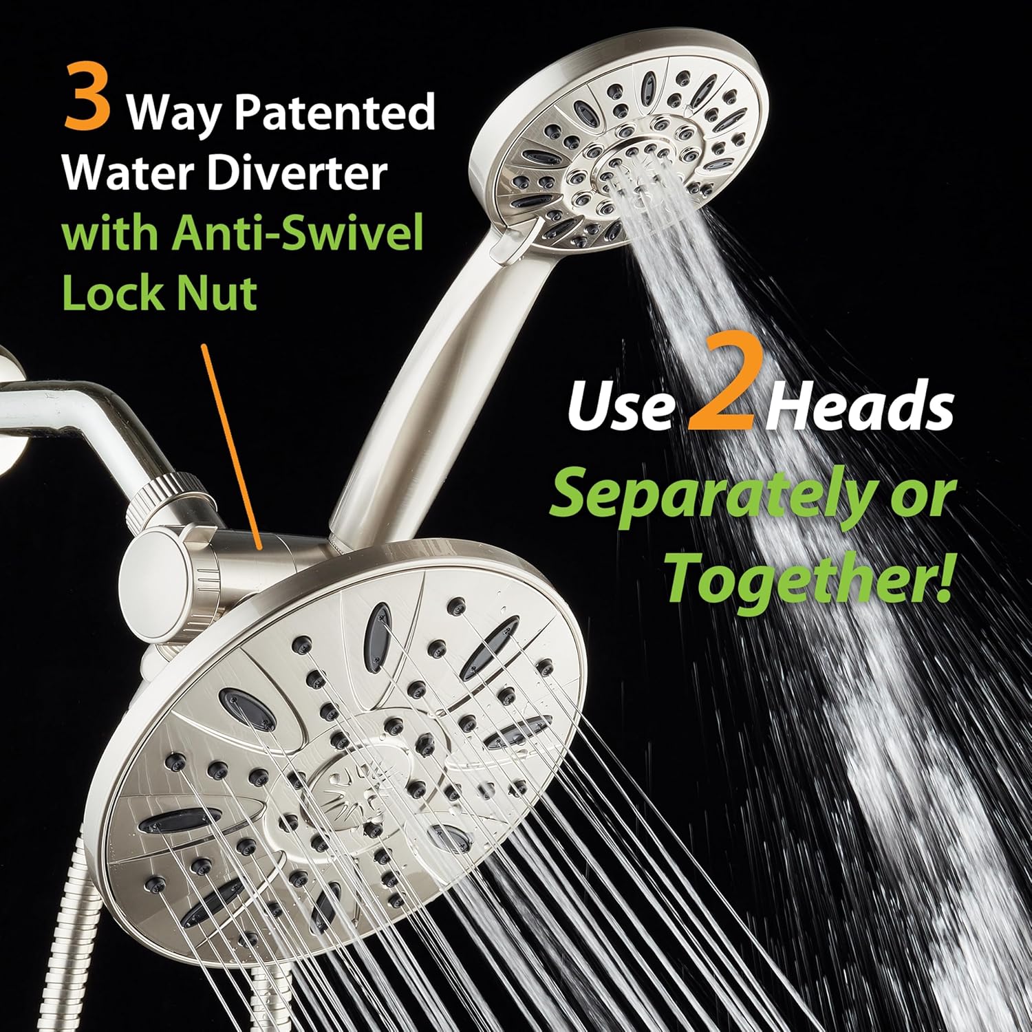 AquaDance 7" Premium High Pressure 3-Way Rainfall Combo Combines The Best of Both Worlds-Enjoy Luxurious Rain Showerhead and 6-Setting Hand Held Shower Separately or Together, Satin Nickel