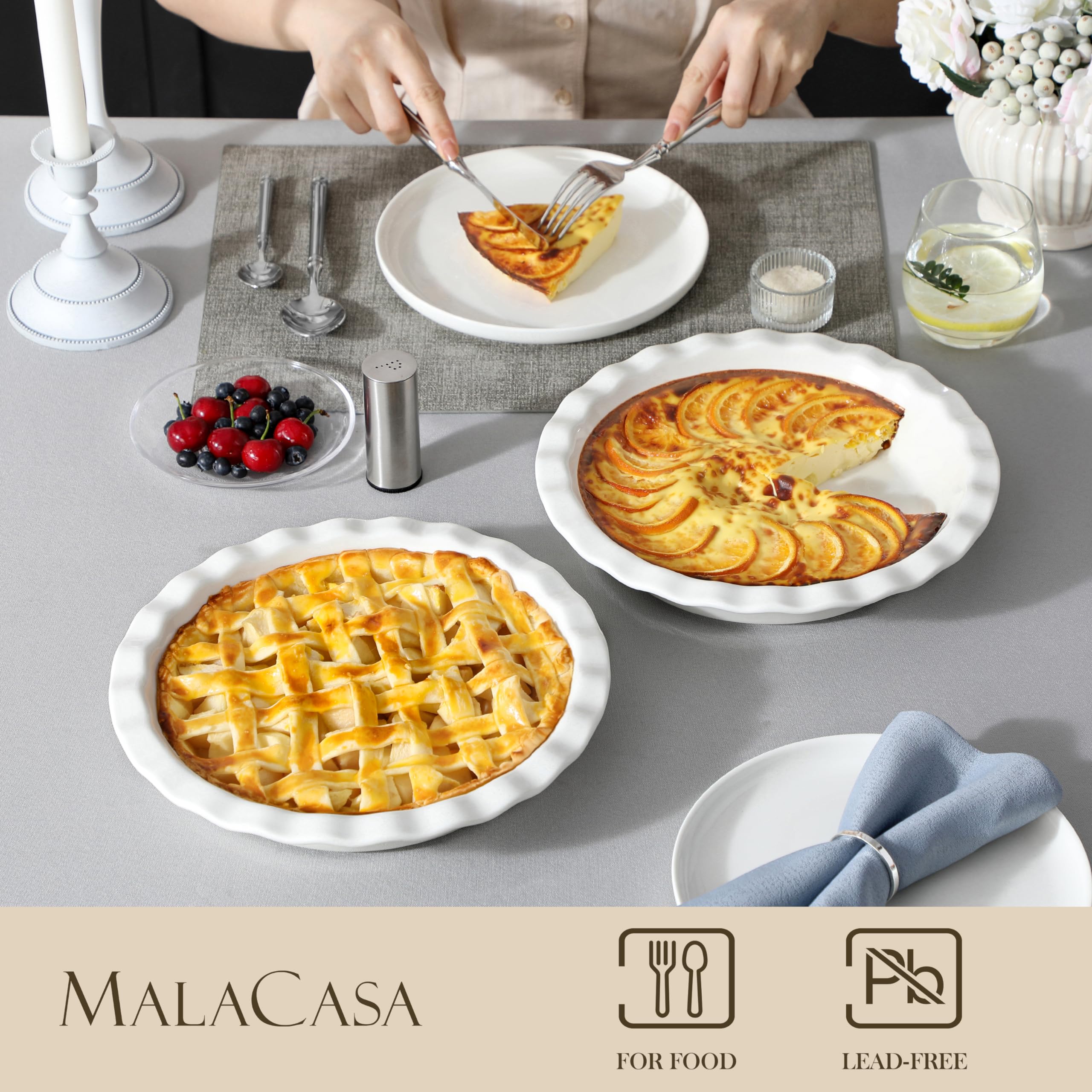 MALACASA Set di 2 Stampi per Torte in Porcellana, 1050 ml, Ø 27 cm x 4,5 cm, Teglie e Piatti da Forno con Bordo Ondulato per Crostate, Quiche, Pizza e Dessert, Bianco, Adatto a Forno e Lavastoviglie