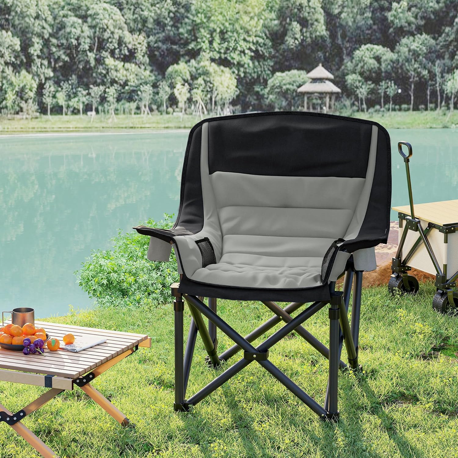 Outsunny Double Camping Chair for Adults, Padded Folding Camp Chair for 2 Person with Armrest, Wine Glass Holder, Cup Holder, Carry Bag for Outdoor Sports, Picnics, Supports up to 552 lbs.